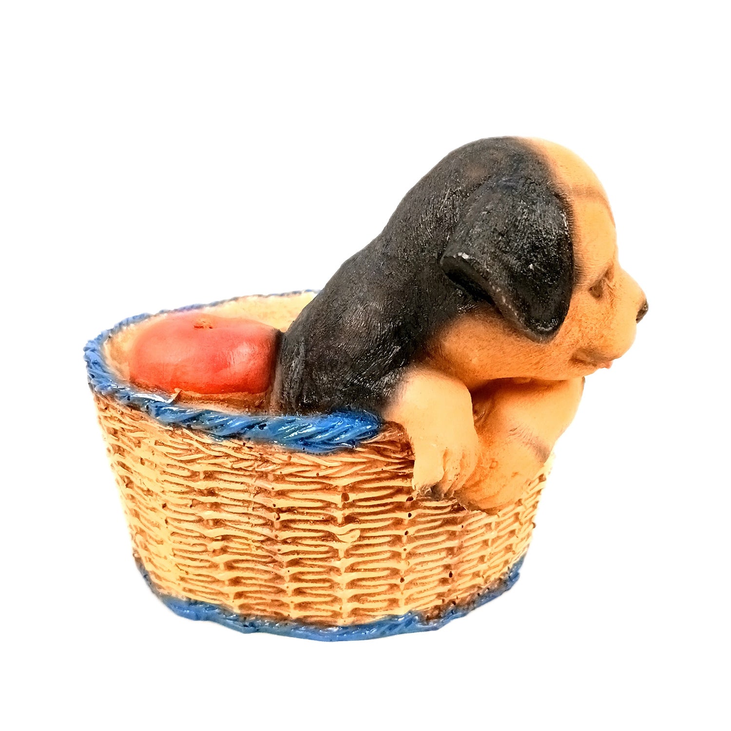 Dog Showpiece Statue - Sitting in Basket Design | Multipurpose Basket | Cute Puppy Figurine - for Entrance, Living Room, Kitchen Decor, House Warming Gifts - 9 Inch - Apkamart