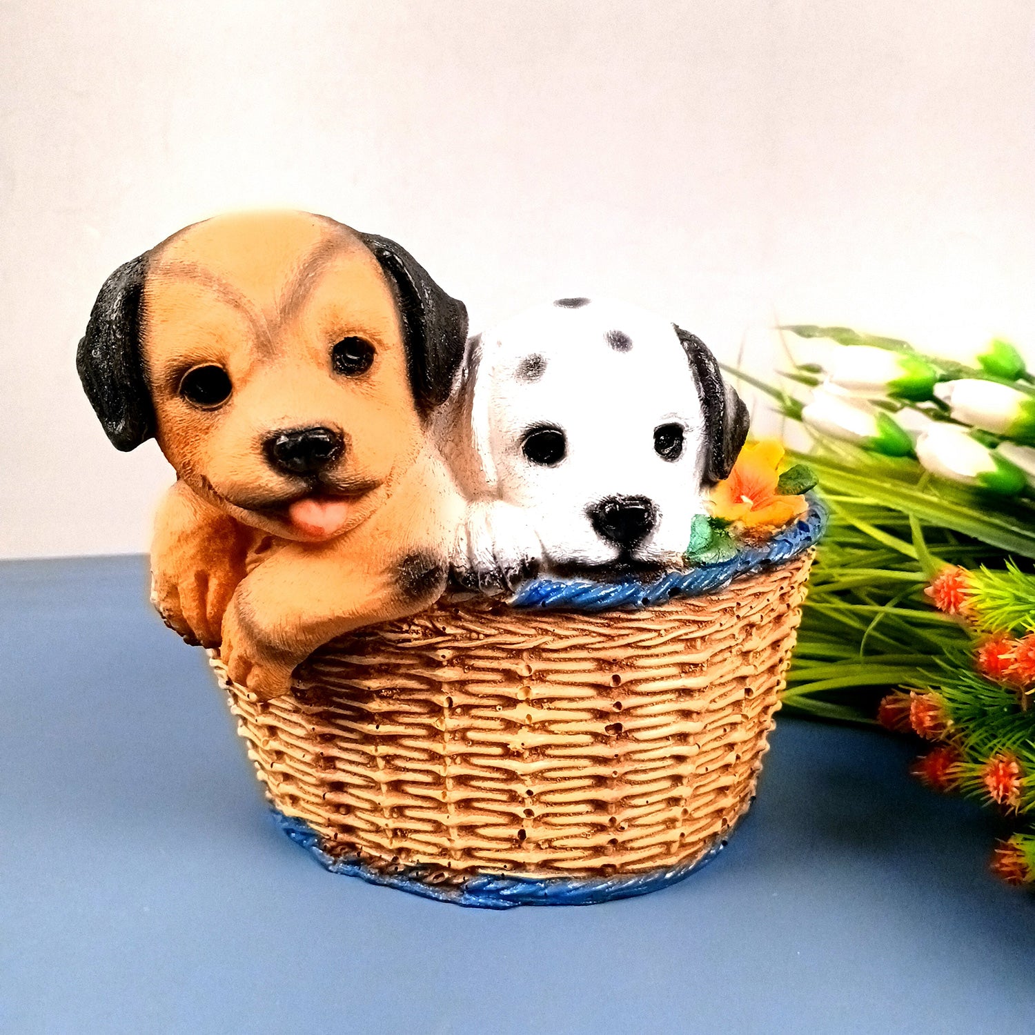Dog Showpiece Statue - Sitting in Basket Design | Multipurpose Basket | Cute Puppy Figurine - for Entrance, Living Room, Kitchen Decor, House Warming Gifts - 9 Inch - Apkamart