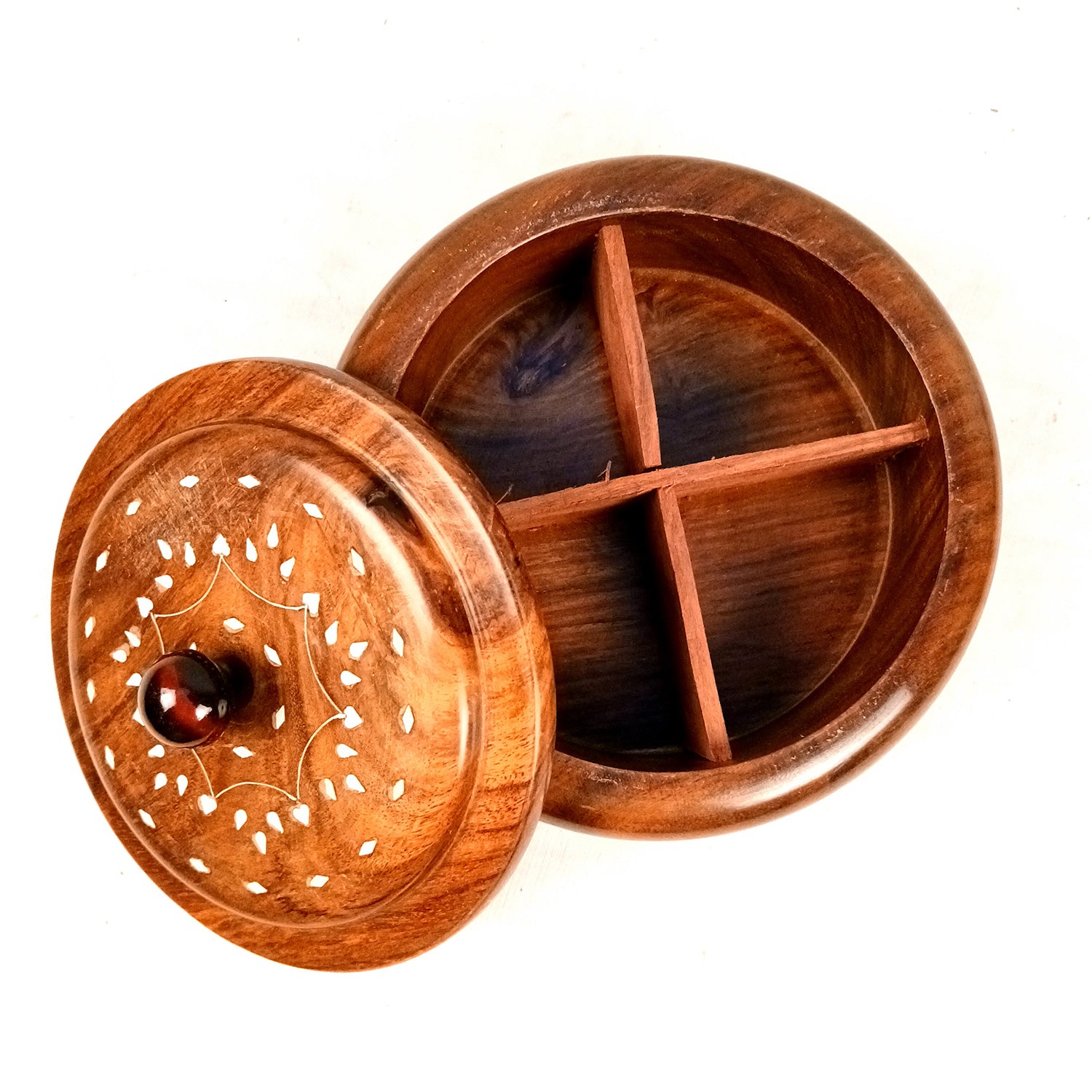 Wooden Dry Fruit Box with Lid | Mukhwas Bowl with Four Compartments - for Kitchen, Serving, Home, Dining Table Decor & Diwali Gifts - 8 Inch - Apkamart