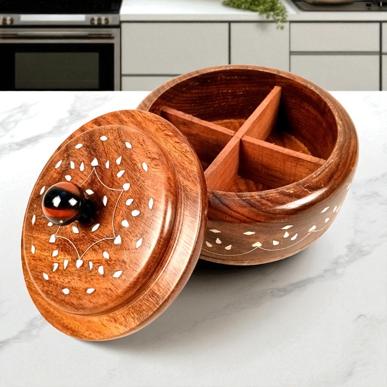 Wooden Dry Fruit Box with Lid | Mukhwas Bowl with Four Compartments - for Kitchen, Serving, Home, Dining Table Decor & Diwali Gifts - 7 Inch - Apkamart