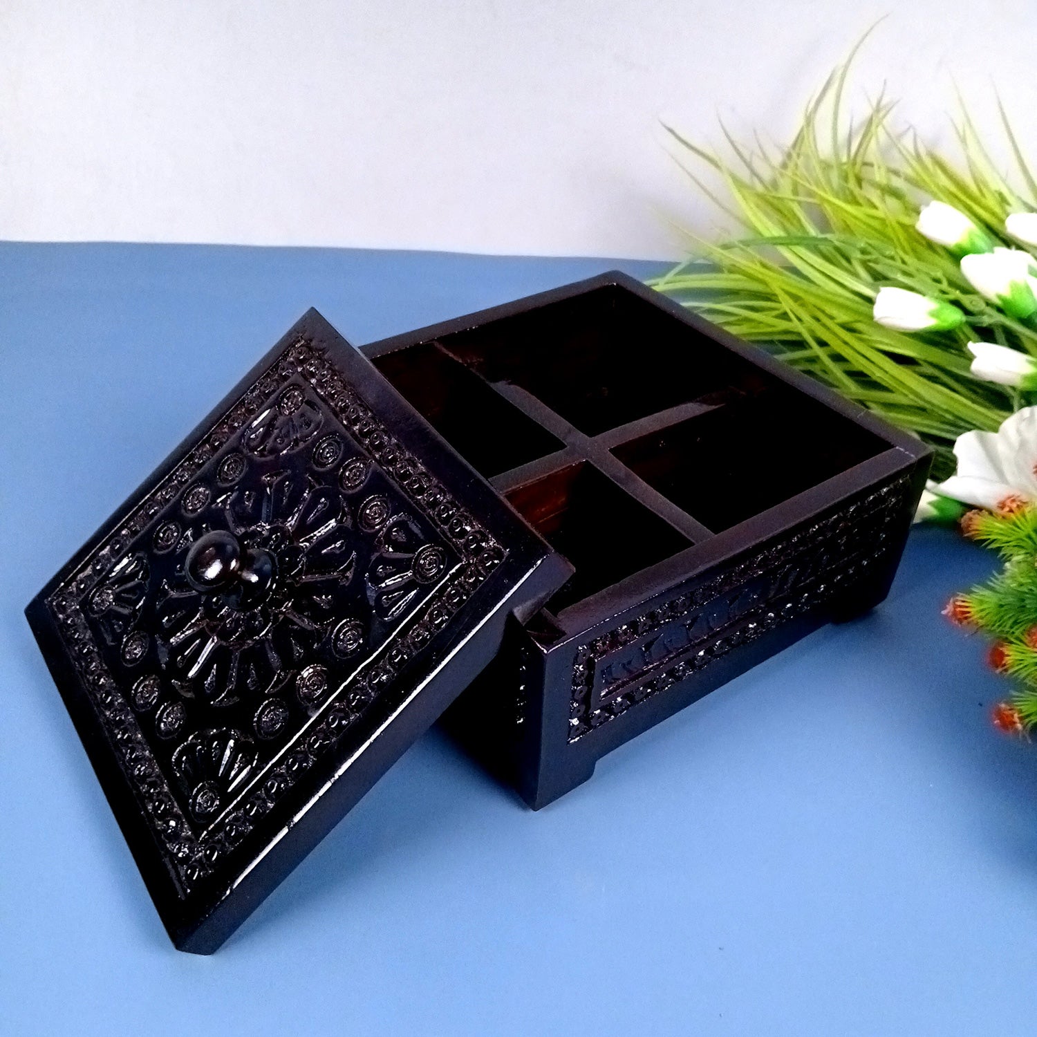 Wooden Dry Fruit Box with Lid | Mukhwas Bowl with Four Compartments - for Kitchen, Serving, Home, Dining Table Decor & Diwali Gifts - 8 Inch (Wood, Brown) - Apkamart