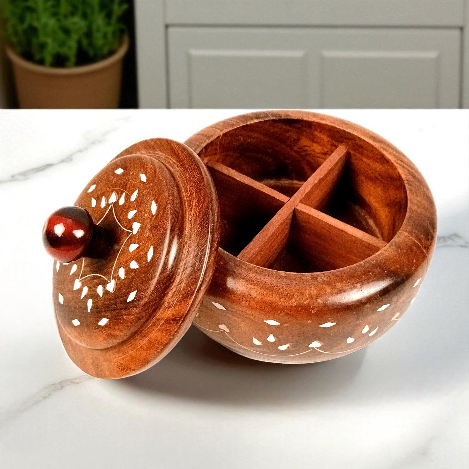 Wooden Dry Fruit Box with Lid | Mukhwas Bowl with Four Compartments - for Kitchen, Serving, Home, Dining Table Decor & Diwali Gifts - 6 Inch - Apkamart