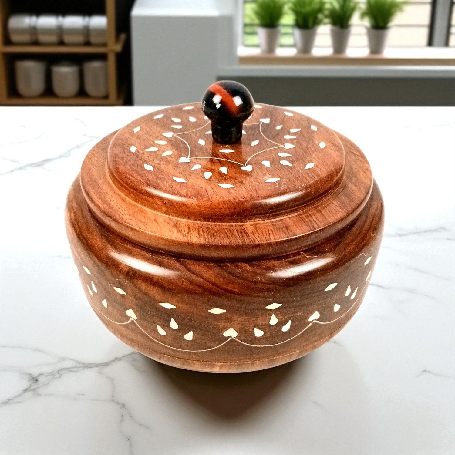 Wooden Dry Fruit Box with Lid | Mukhwas Bowl with Four Compartments - for Kitchen, Serving, Home, Dining Table Decor & Diwali Gifts - 7 Inch - Apkamart