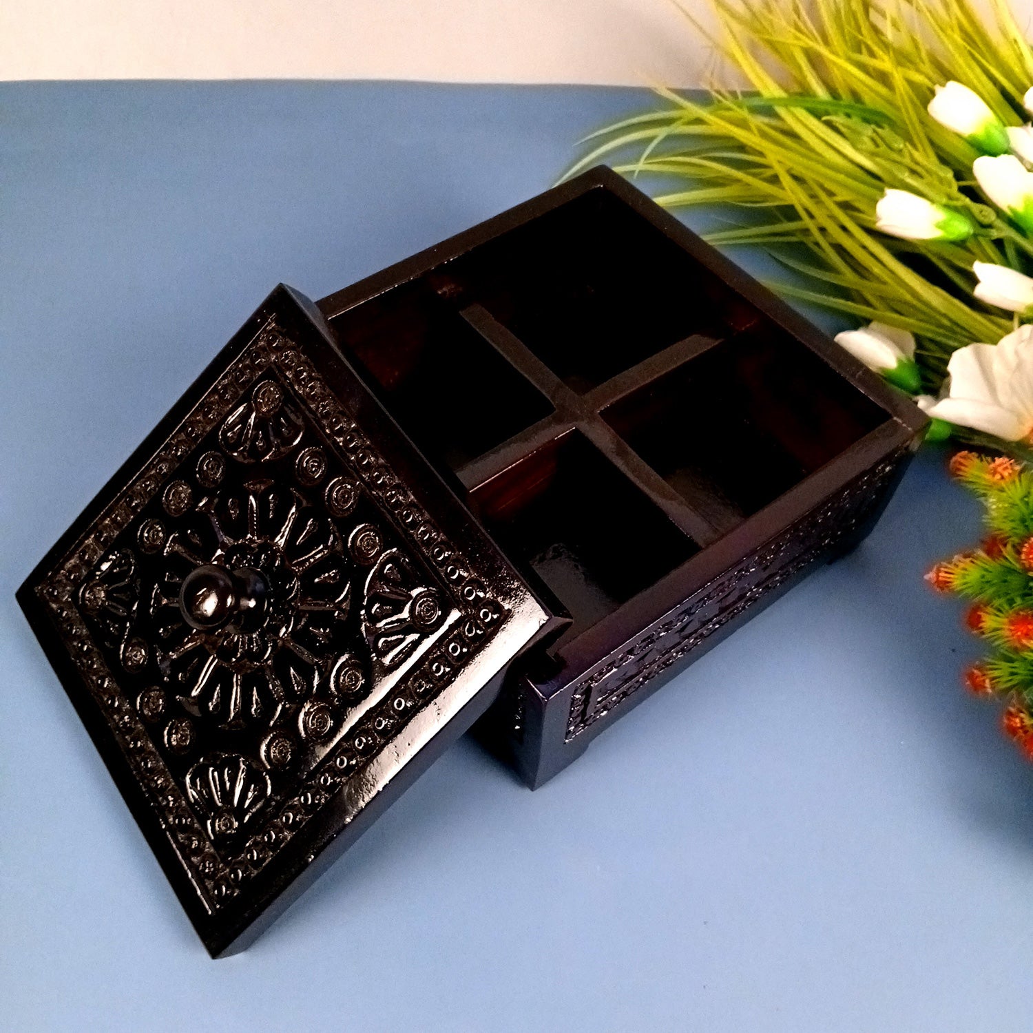 Wooden Dry Fruit Box with Lid | Mukhwas Bowl with Four Compartments - for Kitchen, Serving, Home, Dining Table Decor & Diwali Gifts - 8 Inch (Wood, Brown) - Apkamart