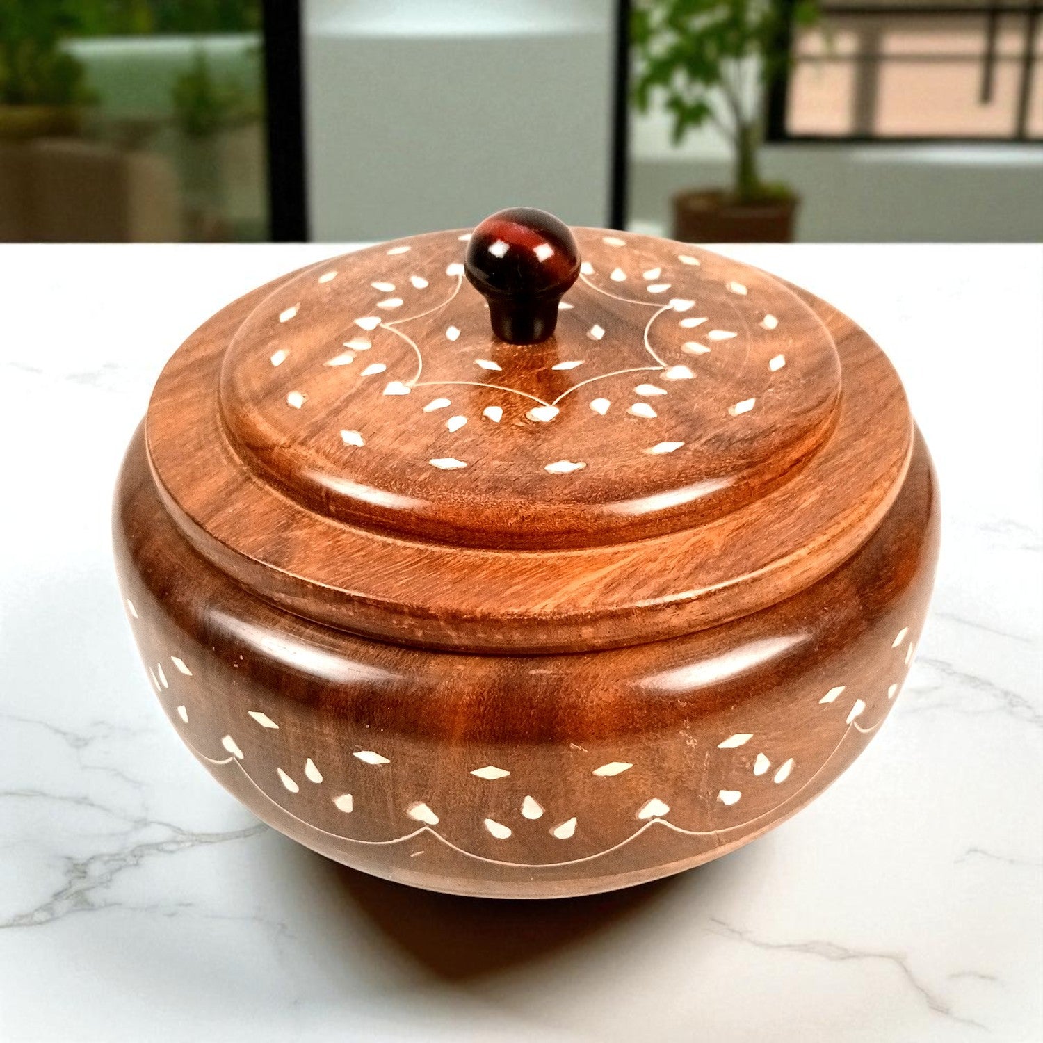 Wooden Dry Fruit Box with Lid | Mukhwas Bowl with Four Compartments - for Kitchen, Serving, Home, Dining Table Decor & Diwali Gifts - 8 Inch - Apkamart