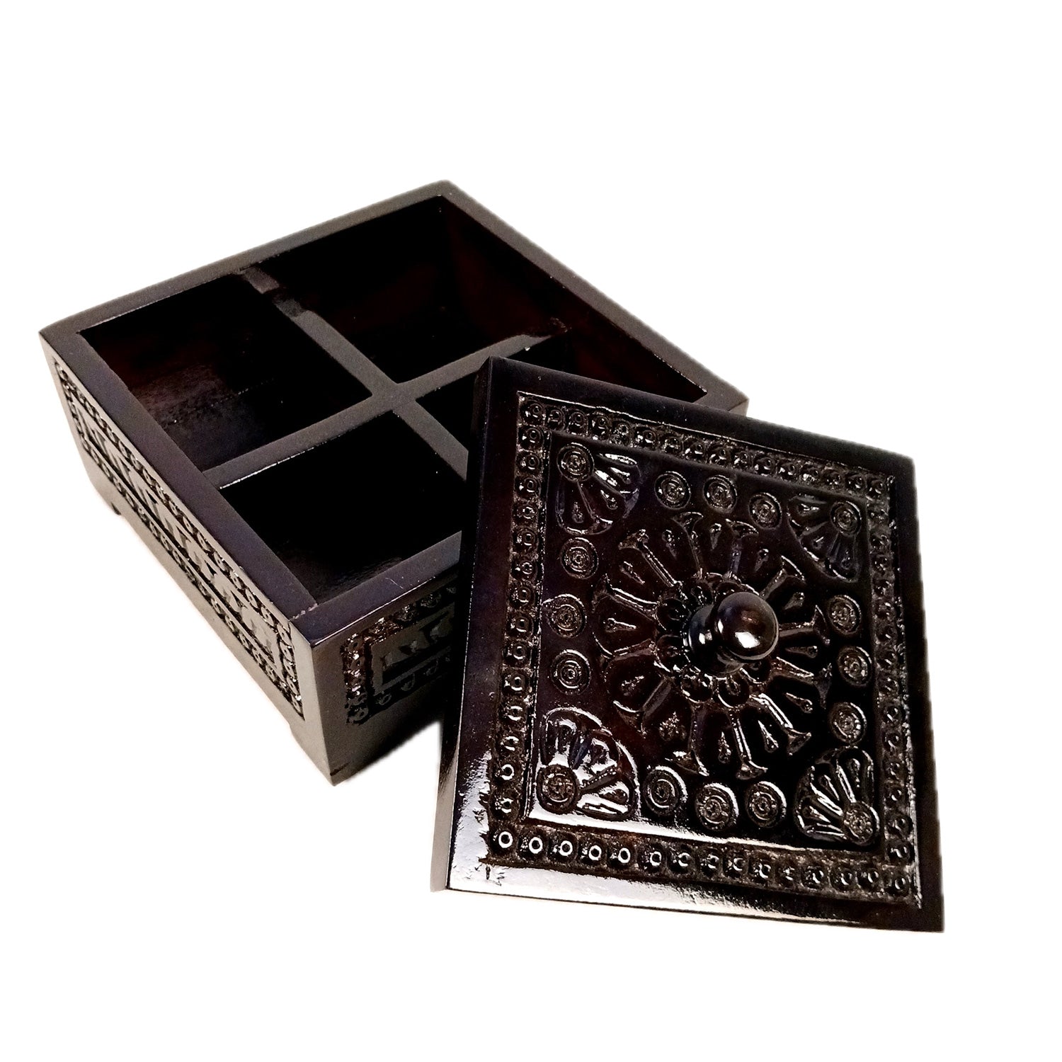 Wooden Dry Fruit Box with Lid | Mukhwas Bowl with Four Compartments - for Kitchen, Serving, Home, Dining Table Decor & Diwali Gifts - 8 Inch (Wood, Brown) - Apkamart