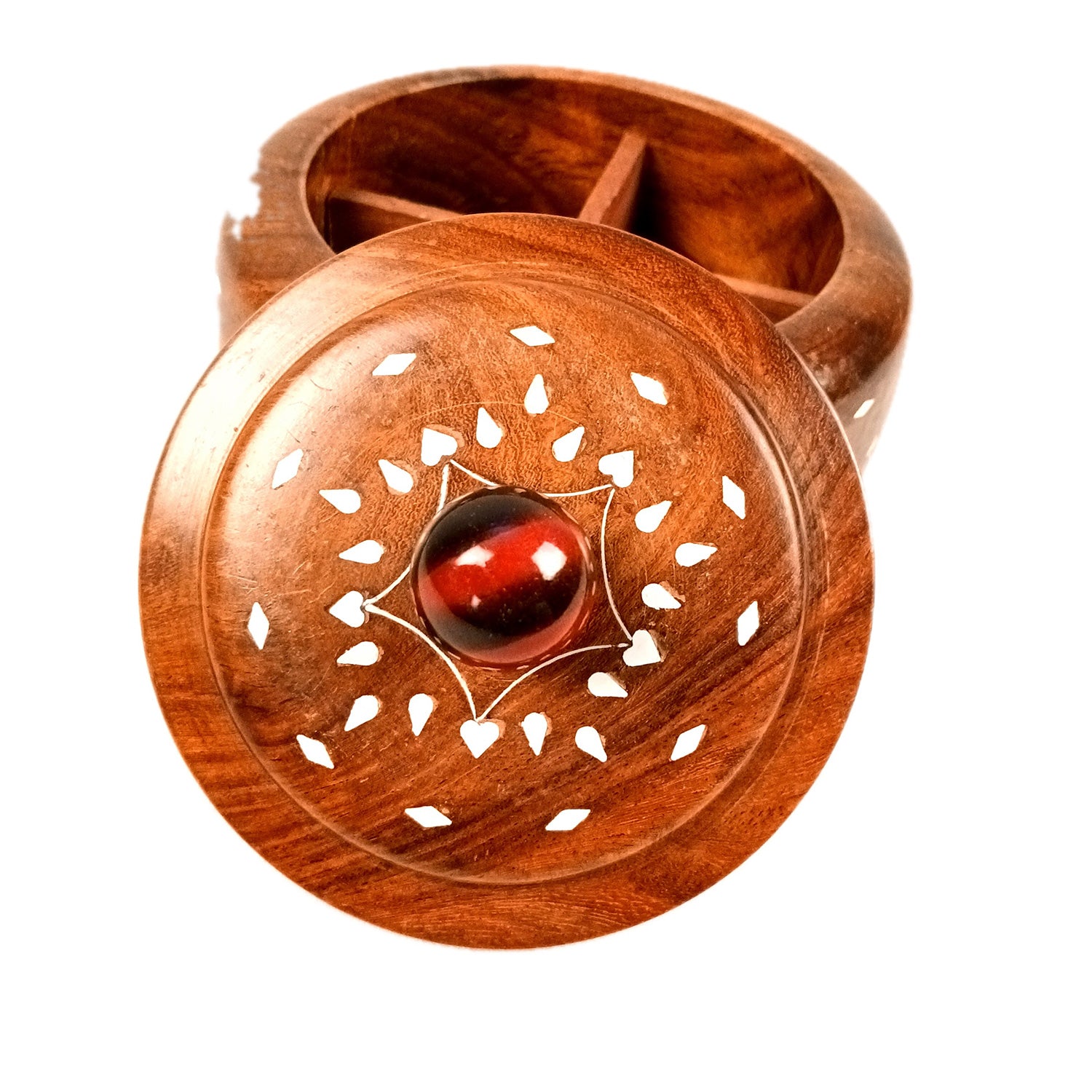 Wooden Dry Fruit Box with Lid | Mukhwas Bowl with Four Compartments - for Kitchen, Serving, Home, Dining Table Decor & Diwali Gifts - 6 Inch - Apkamart