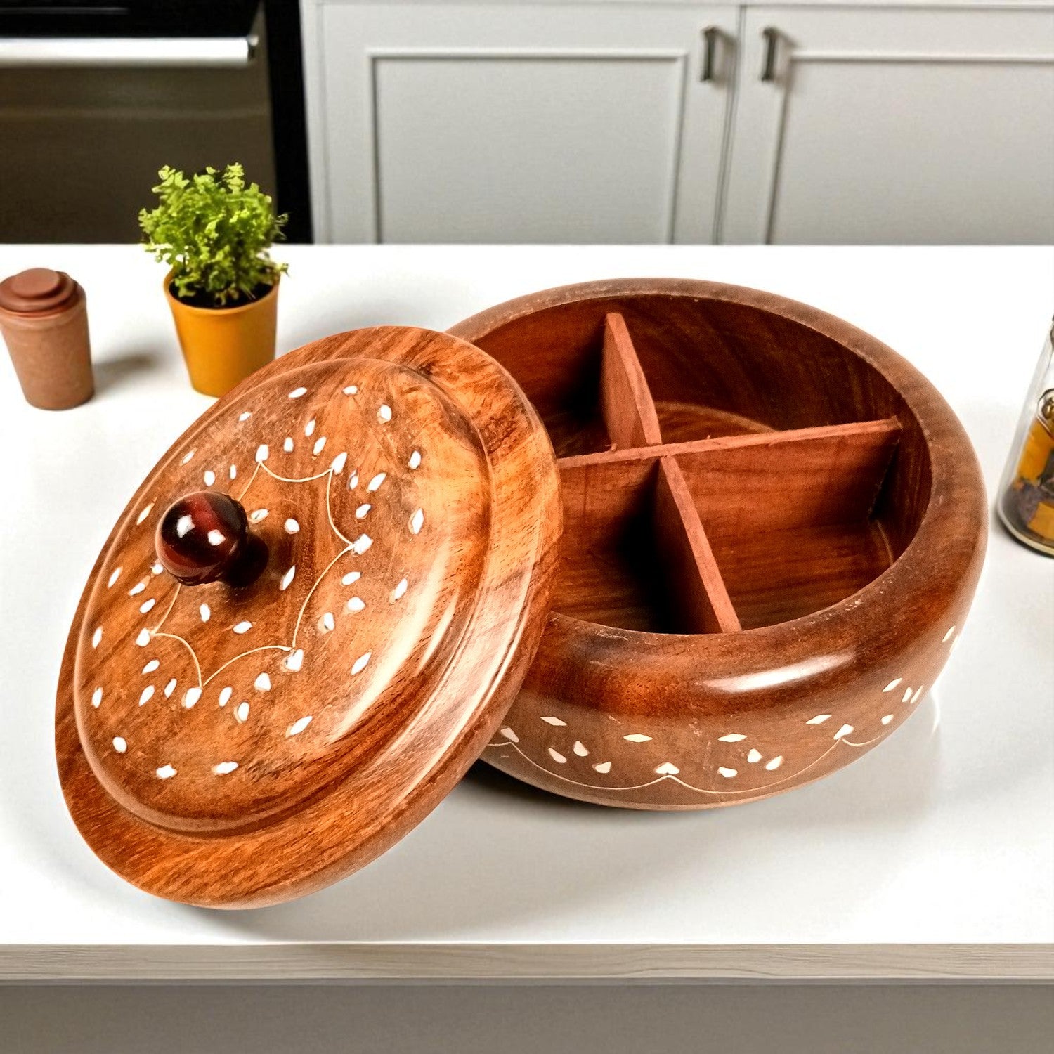 Wooden Dry Fruit Box with Lid | Mukhwas Bowl with Four Compartments - for Kitchen, Serving, Home, Dining Table Decor & Diwali Gifts - 8 Inch - Apkamart