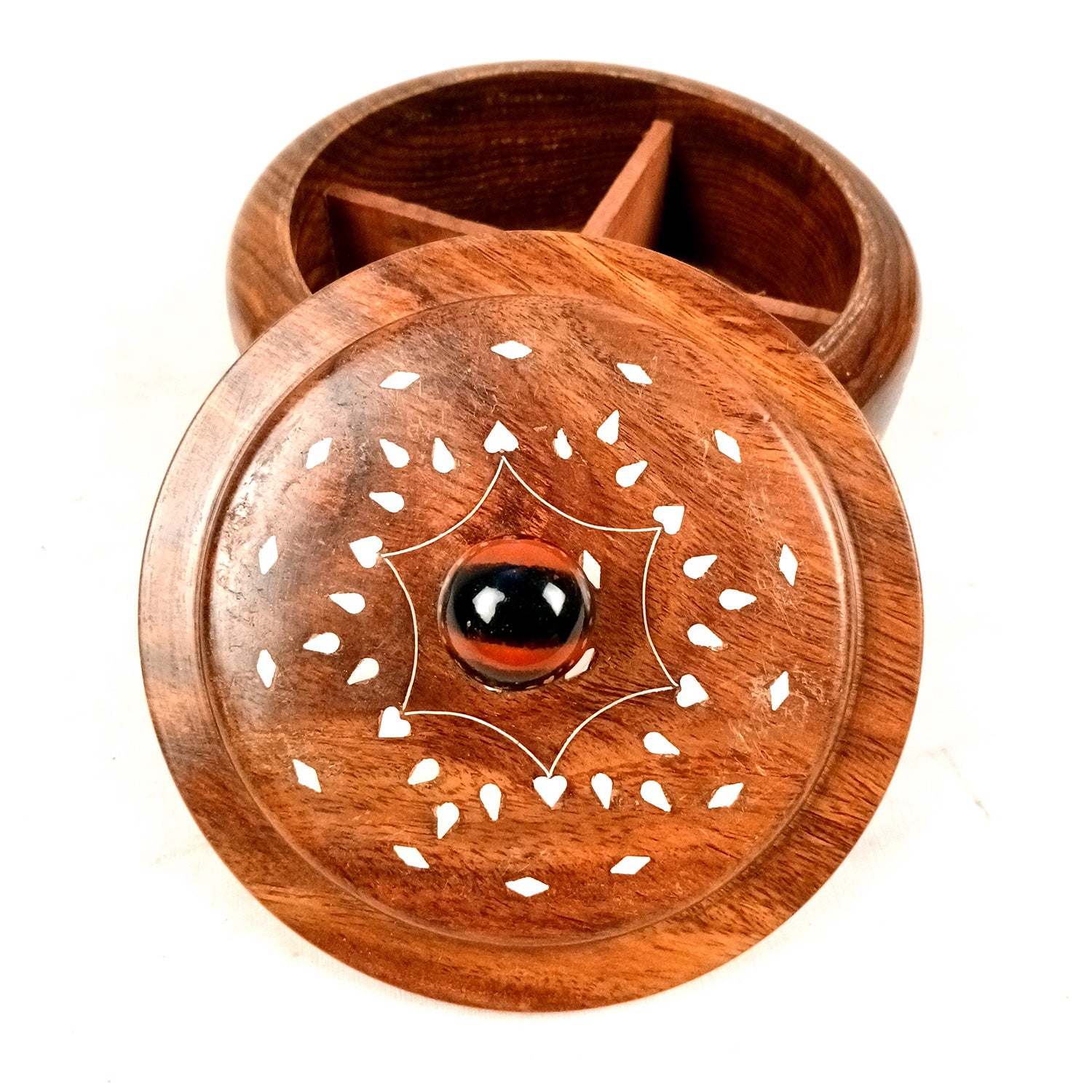 Wooden Dry Fruit Box with Lid | Mukhwas Bowl with Four Compartments - for Kitchen, Serving, Home, Dining Table Decor & Diwali Gifts - 7 Inch - Apkamart