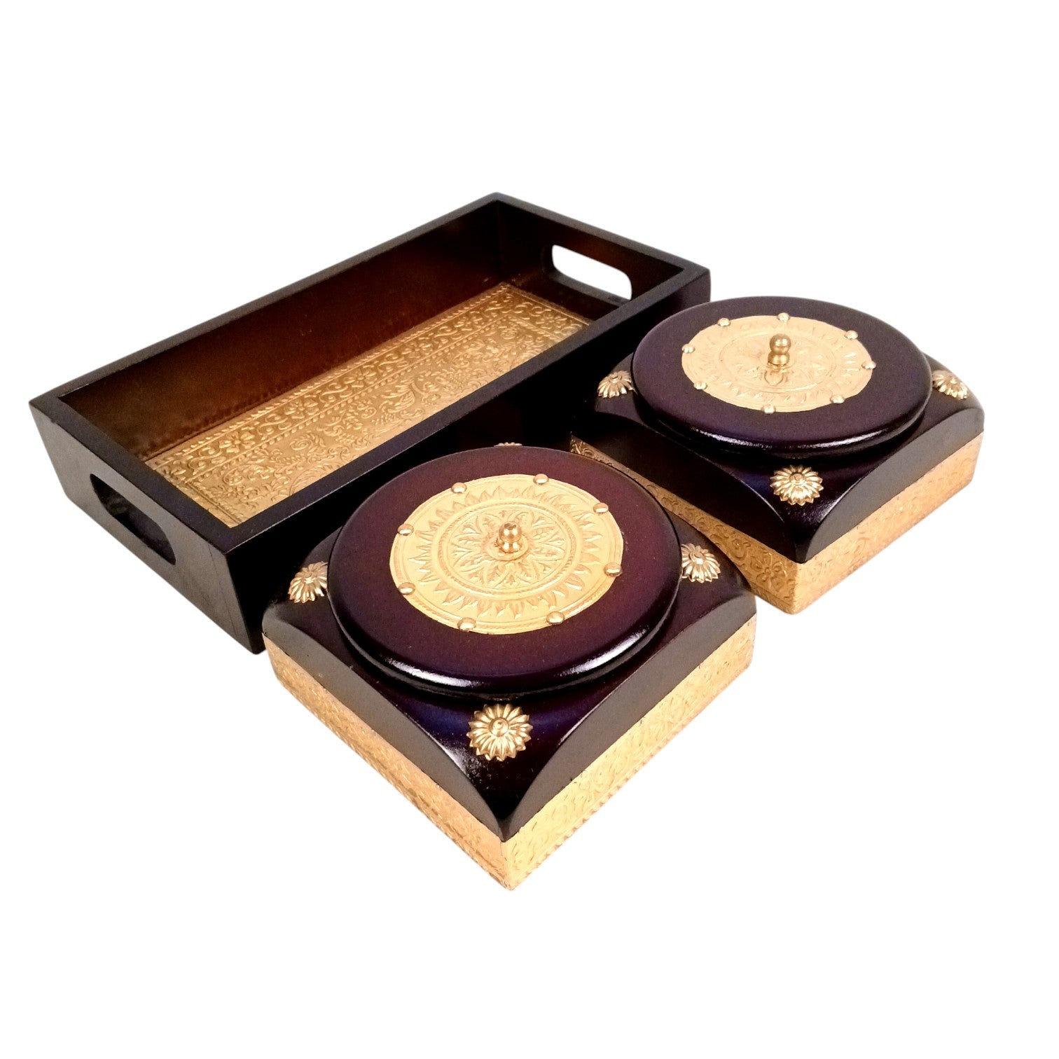 Dry Fruit Box | Brass Tray with Steel Bowls | Multipurpose Serving Box for Dry Fruits, Snacks, Sweets & Gifting – Removable & Washable Steel Bowls - 12 Inch - Apkamart