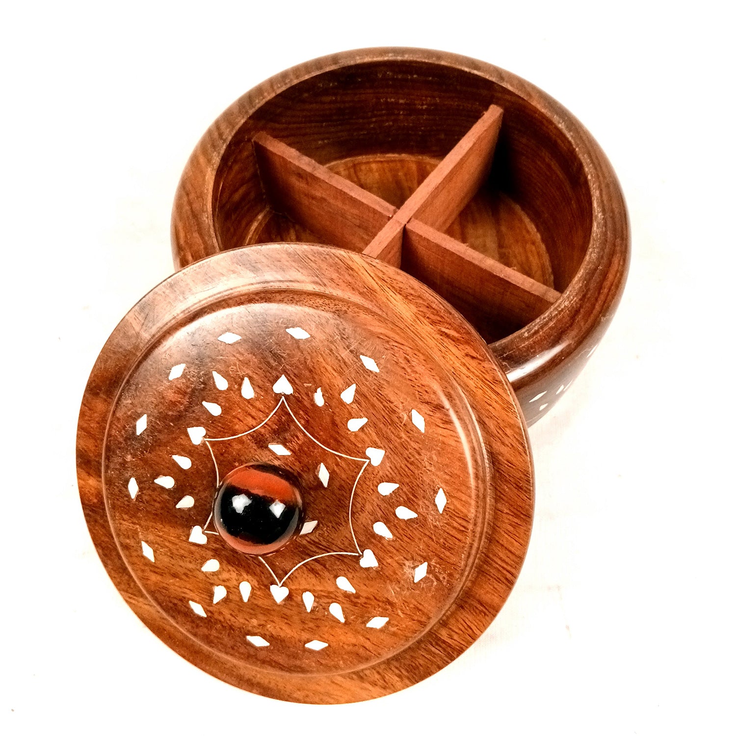 Wooden Dry Fruit Box with Lid | Mukhwas Bowl with Four Compartments - for Kitchen, Serving, Home, Dining Table Decor & Diwali Gifts - 7 Inch - Apkamart