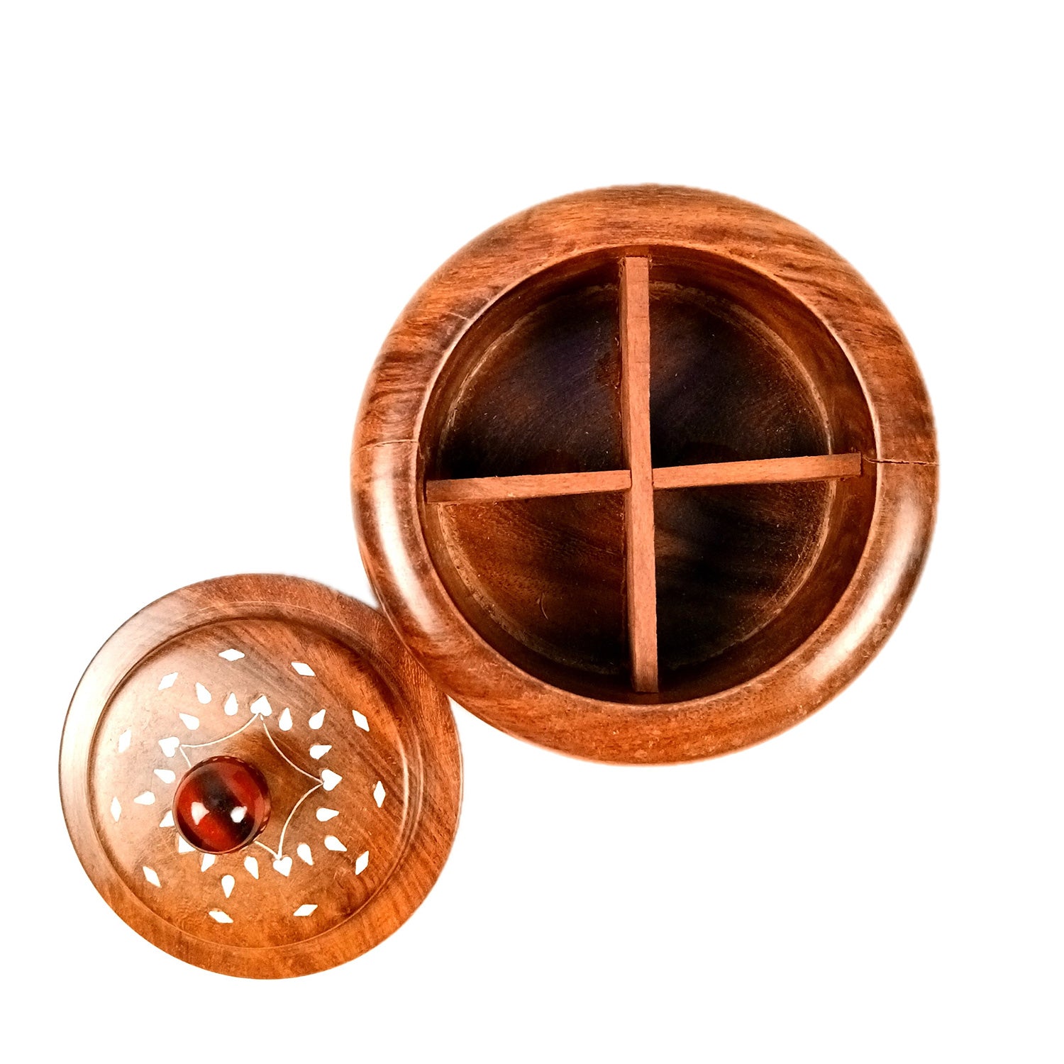 Wooden Dry Fruit Box with Lid | Mukhwas Bowl with Four Compartments - for Kitchen, Serving, Home, Dining Table Decor & Diwali Gifts - 6 Inch - Apkamart