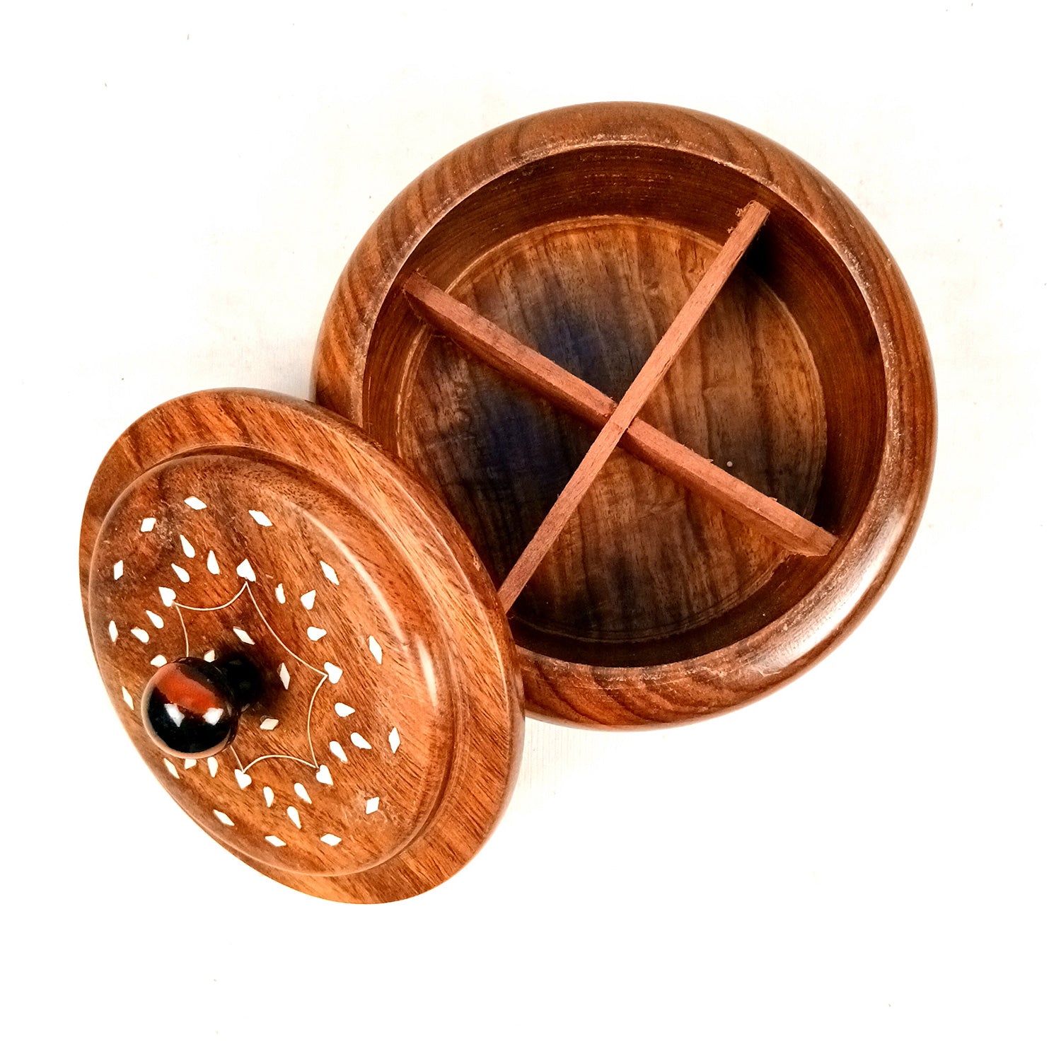 Wooden Dry Fruit Box with Lid | Mukhwas Bowl with Four Compartments - for Kitchen, Serving, Home, Dining Table Decor & Diwali Gifts - 7 Inch - Apkamart