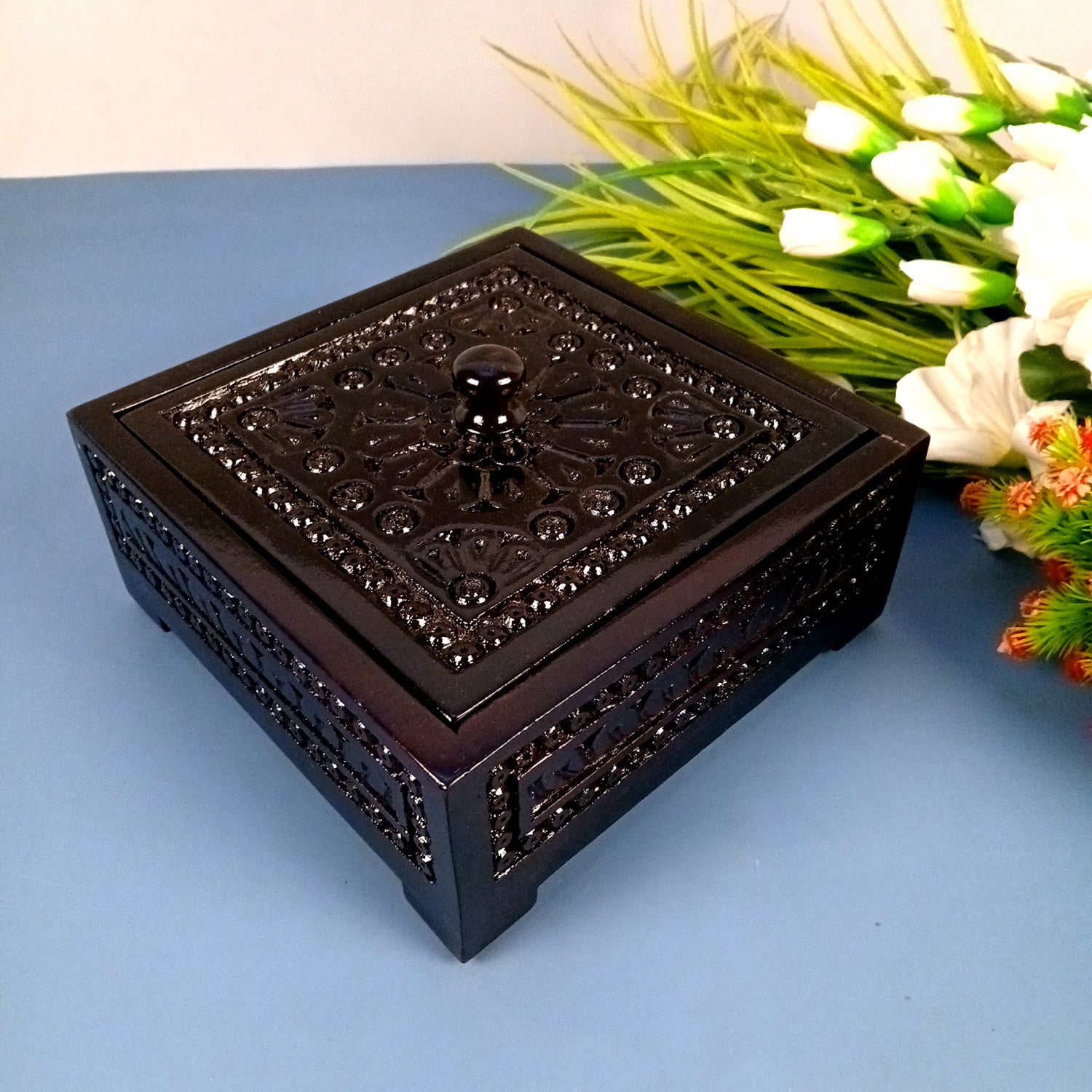 Wooden Dry Fruit Box with Lid | Mukhwas Bowl with Four Compartments - for Kitchen, Serving, Home, Dining Table Decor & Diwali Gifts - 8 Inch (Wood, Brown) - Apkamart