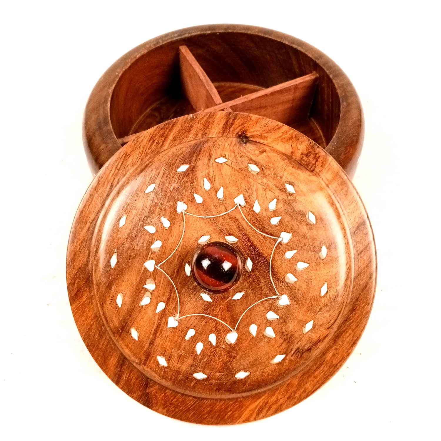 Wooden Dry Fruit Box with Lid | Mukhwas Bowl with Four Compartments - for Kitchen, Serving, Home, Dining Table Decor & Diwali Gifts - 8 Inch - Apkamart