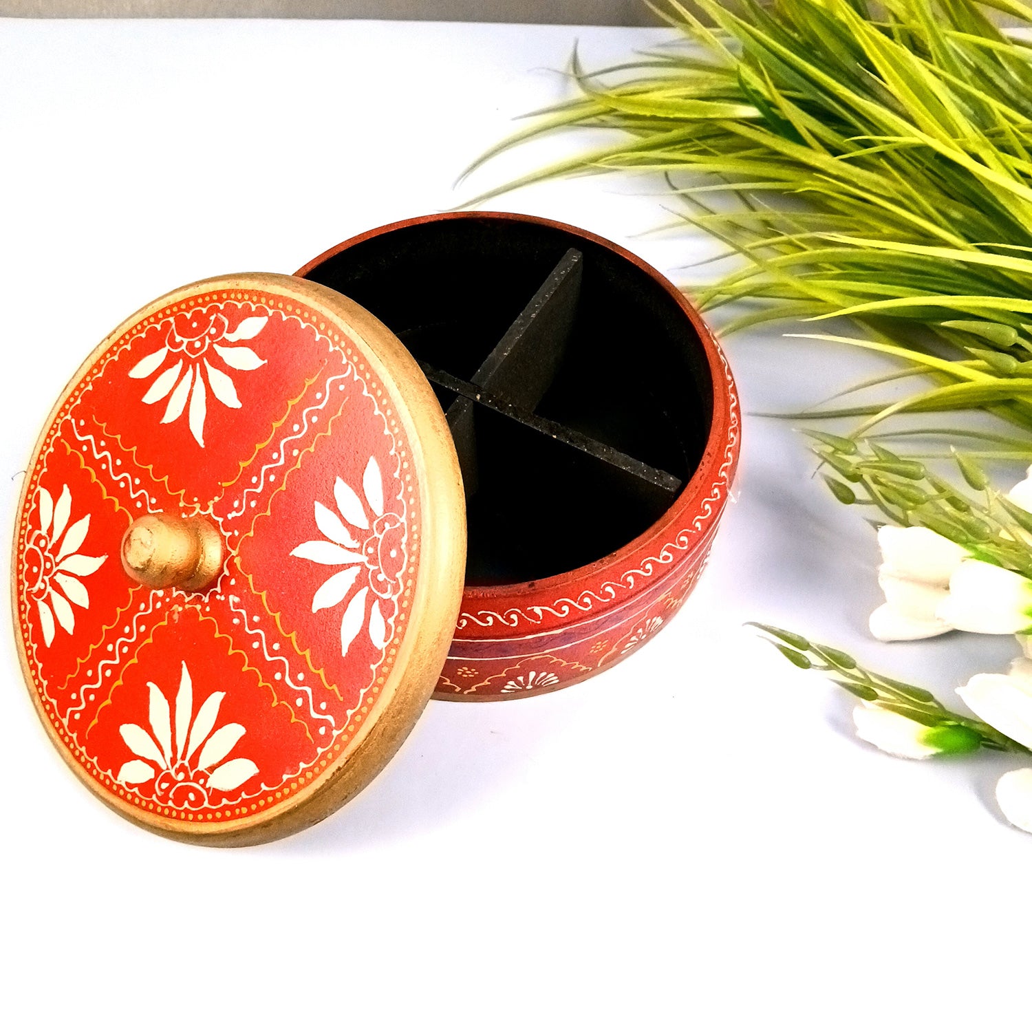 Wooden Dry Fruit Box with Lid | Mukhwas Bowl with Four Compartments - for Kitchen, Serving, Home, Dining Table Decor & Diwali Gifts - 7 Inch - Apkamart #Style_Design 2