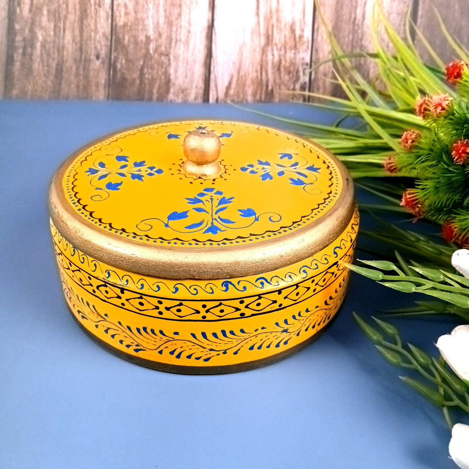 Wooden Dry Fruit Box with Lid | Mukhwas Bowl with Four Compartments - for Kitchen, Serving, Home, Dining Table Decor & Diwali Gifts - 7 Inch - Apkamart #Style_Design 1