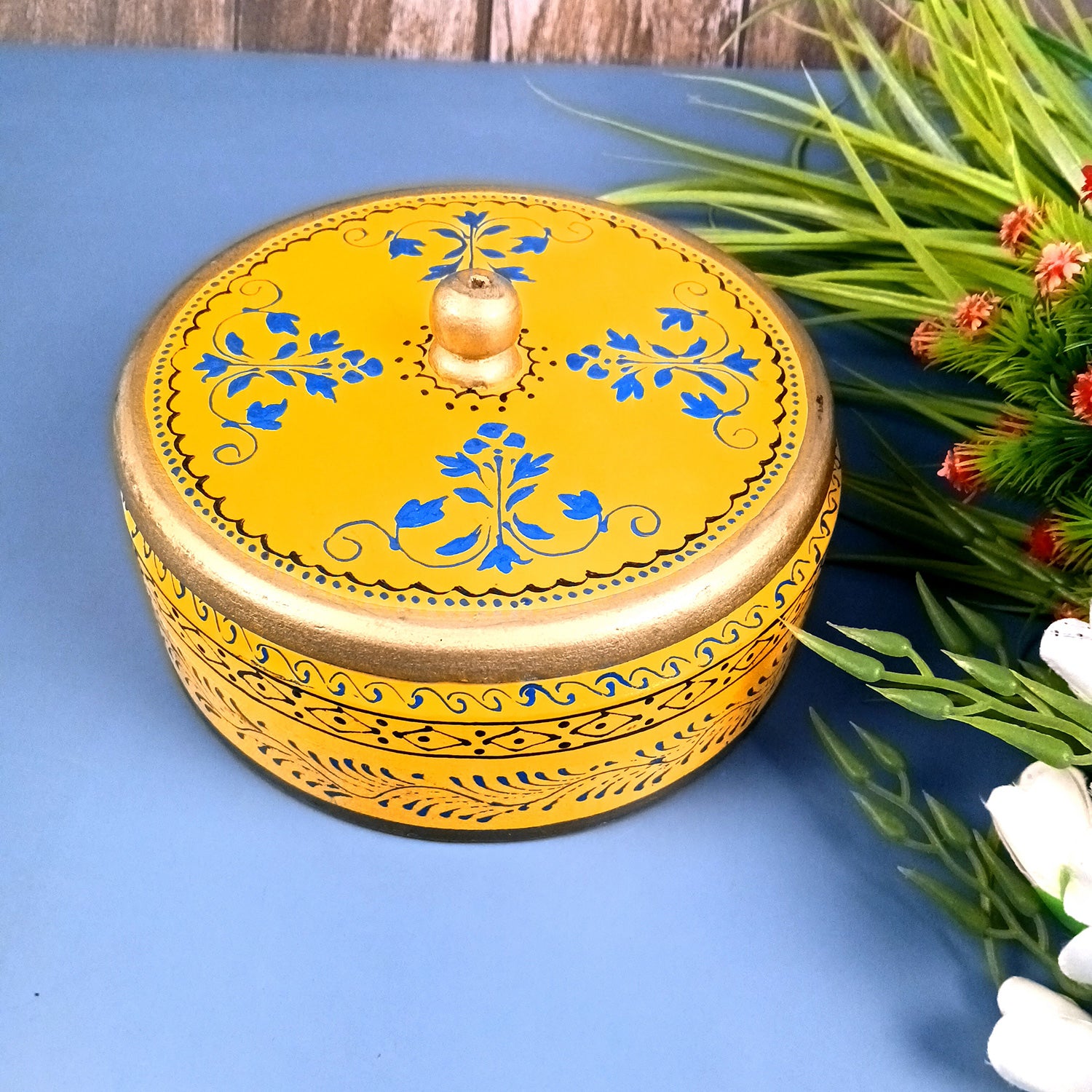 Wooden Dry Fruit Box with Lid | Mukhwas Bowl with Four Compartments - for Kitchen, Serving, Home, Dining Table Decor & Diwali Gifts - 7 Inch - Apkamart #Style_Design 1