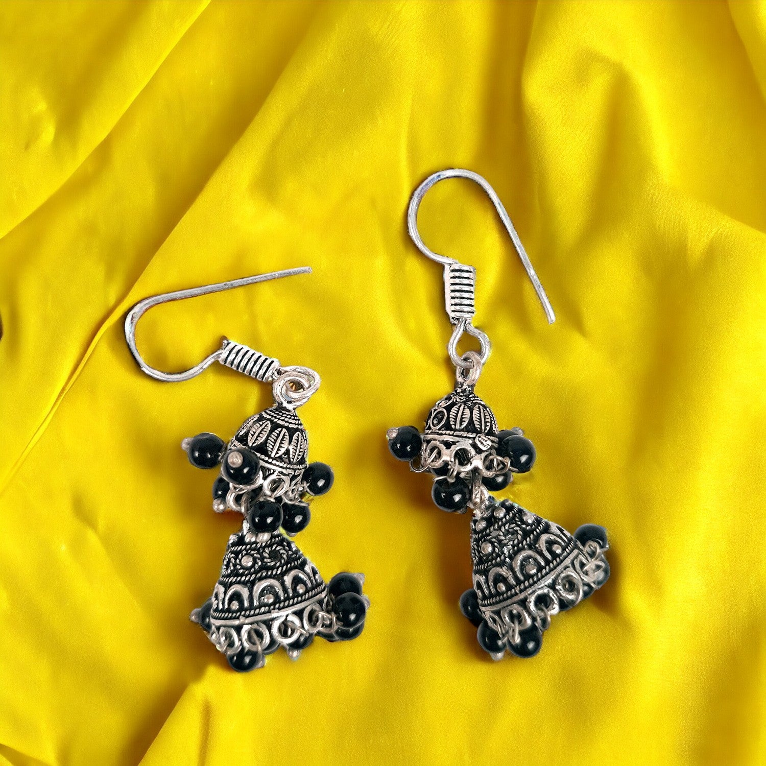 Earrings for Women & Girls - Jhumka With Black Beads | Silver Oxidised Latest Stylish Fashion Jewellery | Gift for Her - Apkamart