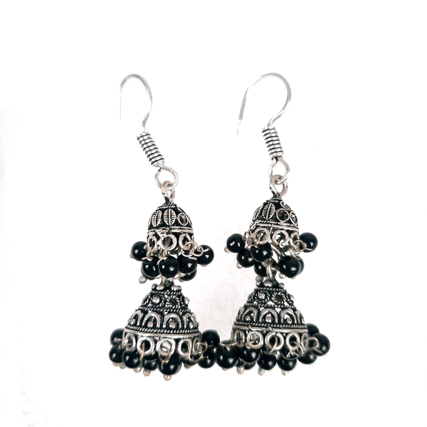 Earrings for Women & Girls - Jhumka With Black Beads | Silver Oxidised Latest Stylish Fashion Jewellery | Gift for Her - Apkamart