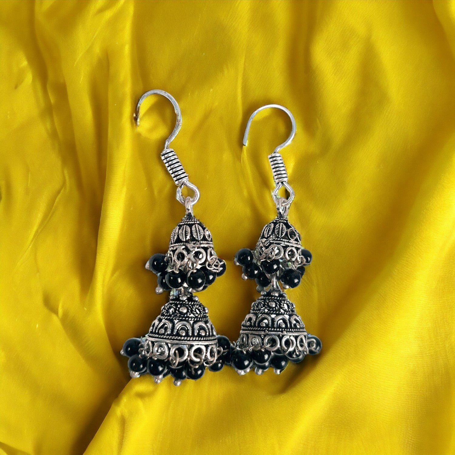 Earrings for Women & Girls - Jhumka With Black Beads | Silver Oxidised Latest Stylish Fashion Jewellery | Gift for Her - Apkamart