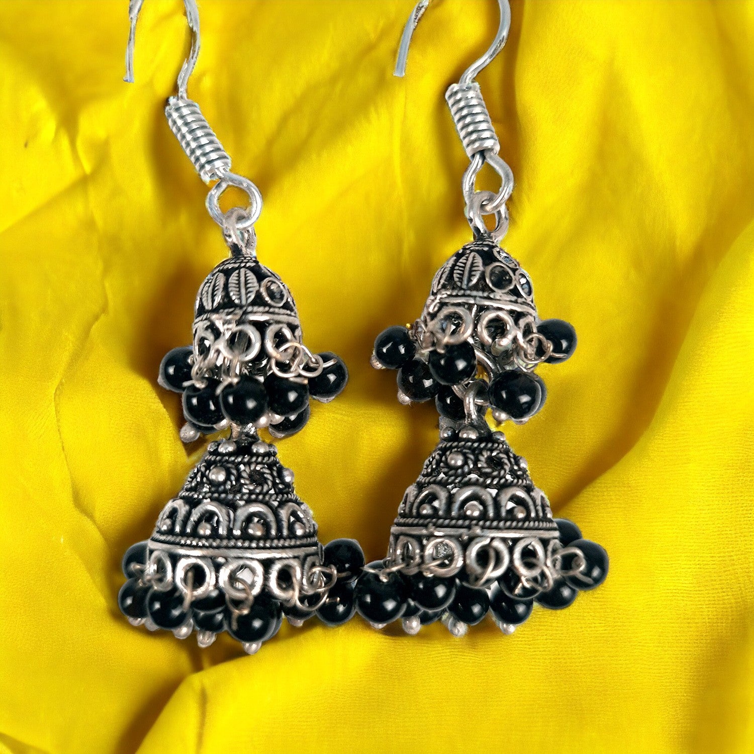 Earrings for Women & Girls - Jhumka With Black Beads | Silver Oxidised Latest Stylish Fashion Jewellery | Gift for Her - Apkamart