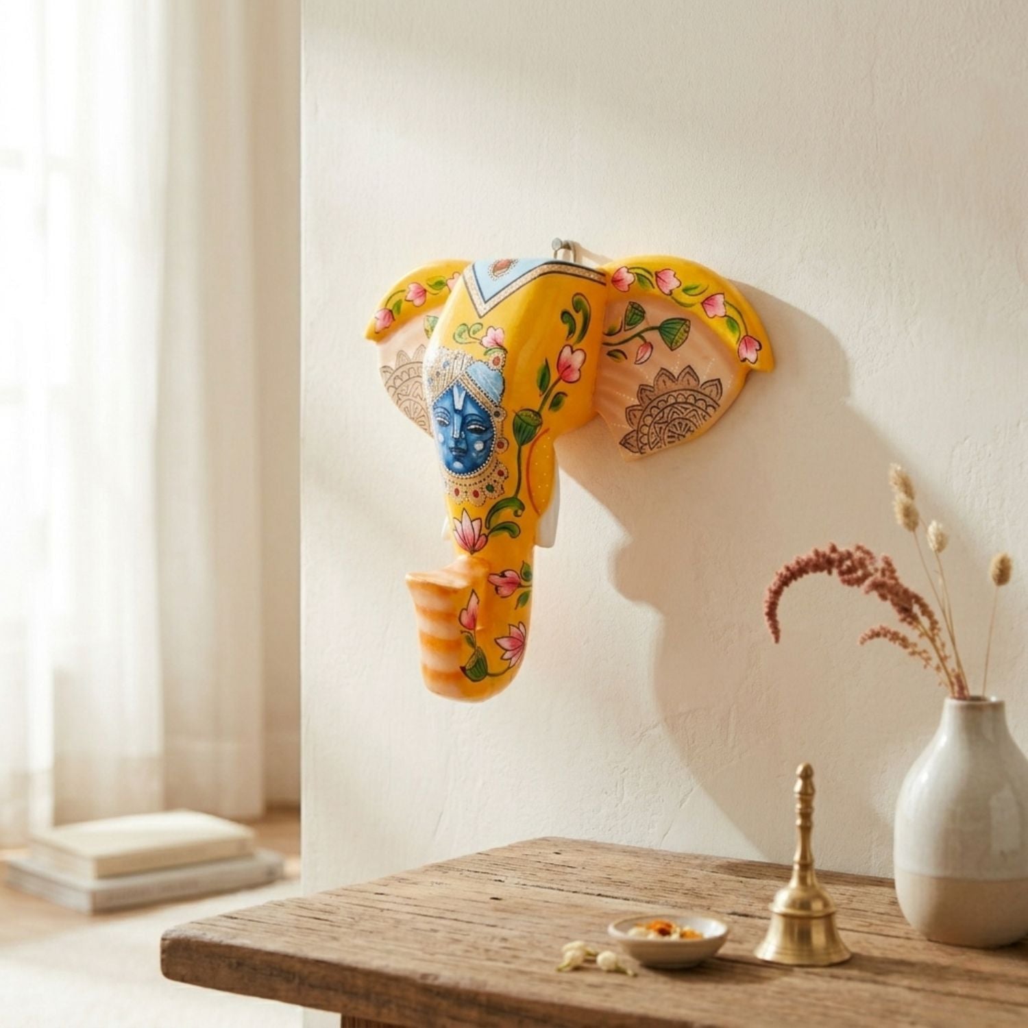Elephant Head Wall Hanging — Yellow | Krishna Face - 11 Inch - Apkamart