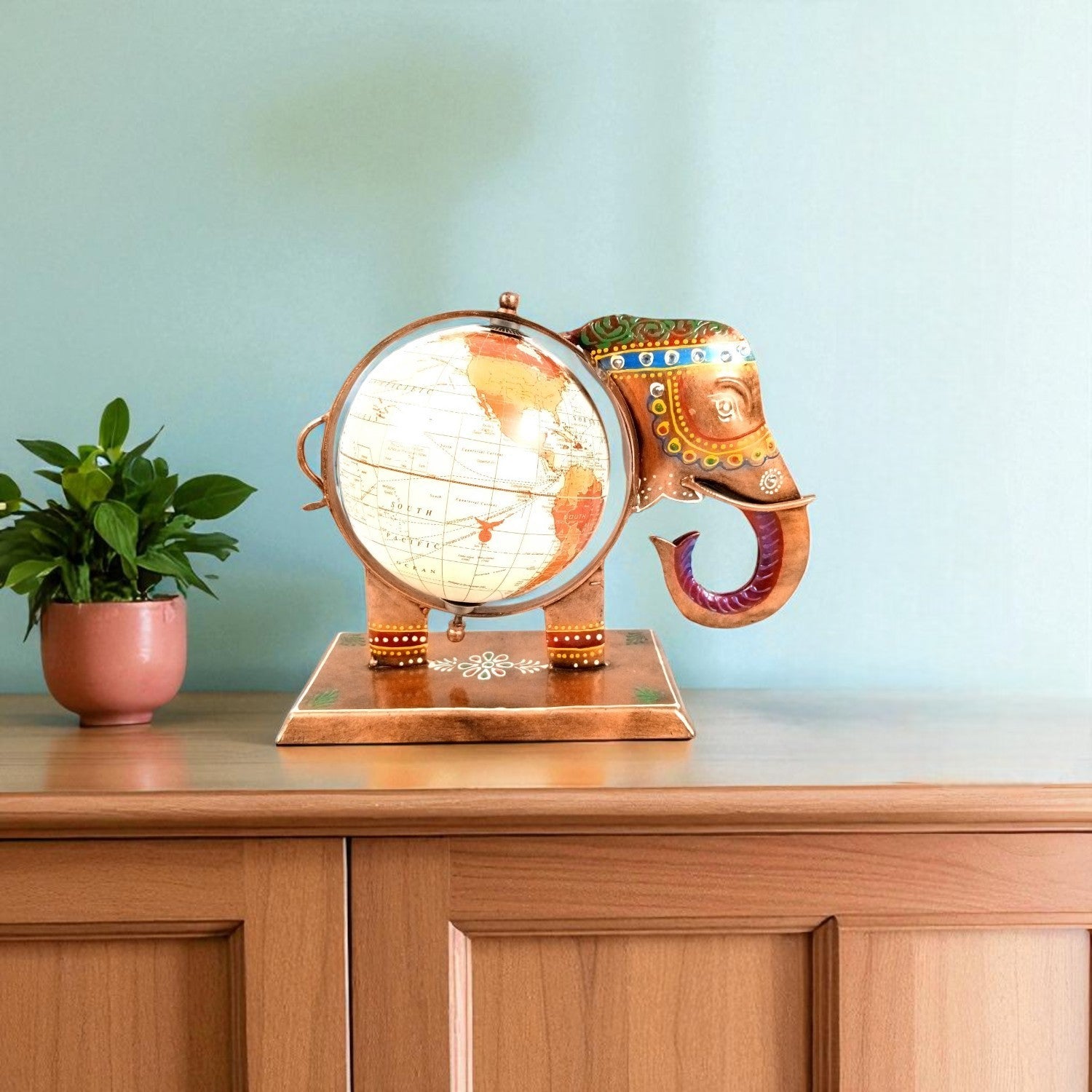 Elephant Globe Showpiece | Handicraft Home Decor Item | Brown Decorative Elephant Statue | Premium Showpiece for Living Room, Bedroom, Gift & Home Decoration - 10 Inch - Apkamart
