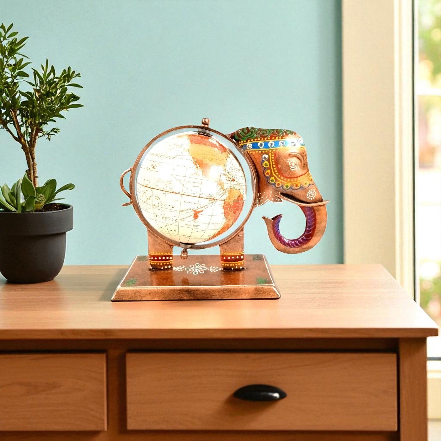 Elephant Globe Showpiece | Handicraft Home Decor Item | Brown Decorative Elephant Statue | Premium Showpiece for Living Room, Bedroom, Gift & Home Decoration - 10 Inch - Apkamart