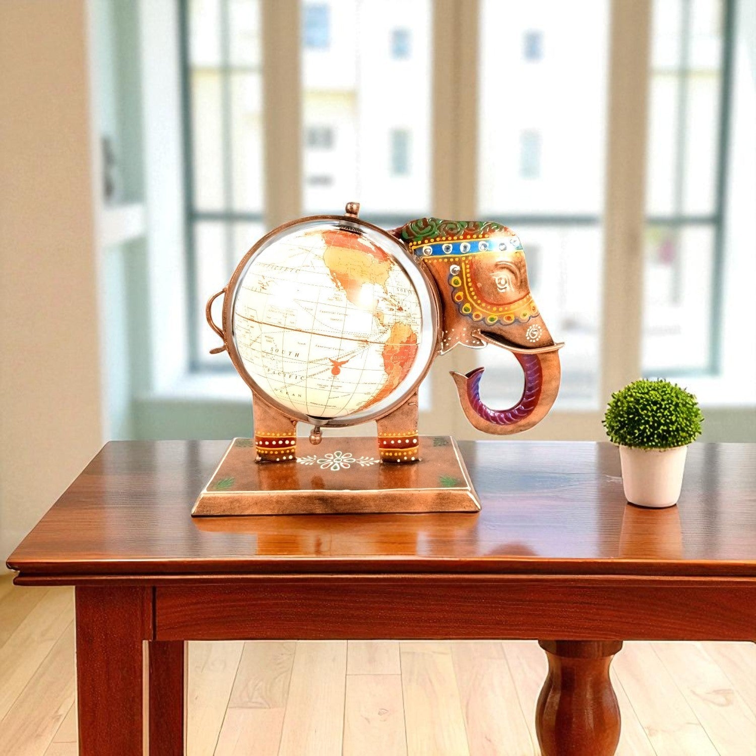 Elephant Globe Showpiece | Handicraft Home Decor Item | Brown Decorative Elephant Statue | Premium Showpiece for Living Room, Bedroom, Gift & Home Decoration - 10 Inch - Apkamart
