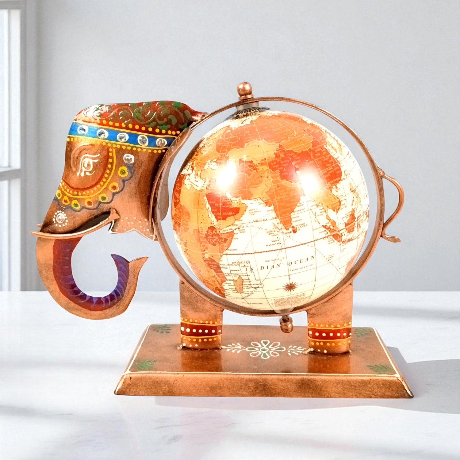 Elephant Globe Showpiece | Handicraft Home Decor Item | Brown Decorative Elephant Statue | Premium Showpiece for Living Room, Bedroom, Gift & Home Decoration - 10 Inch - Apkamart
