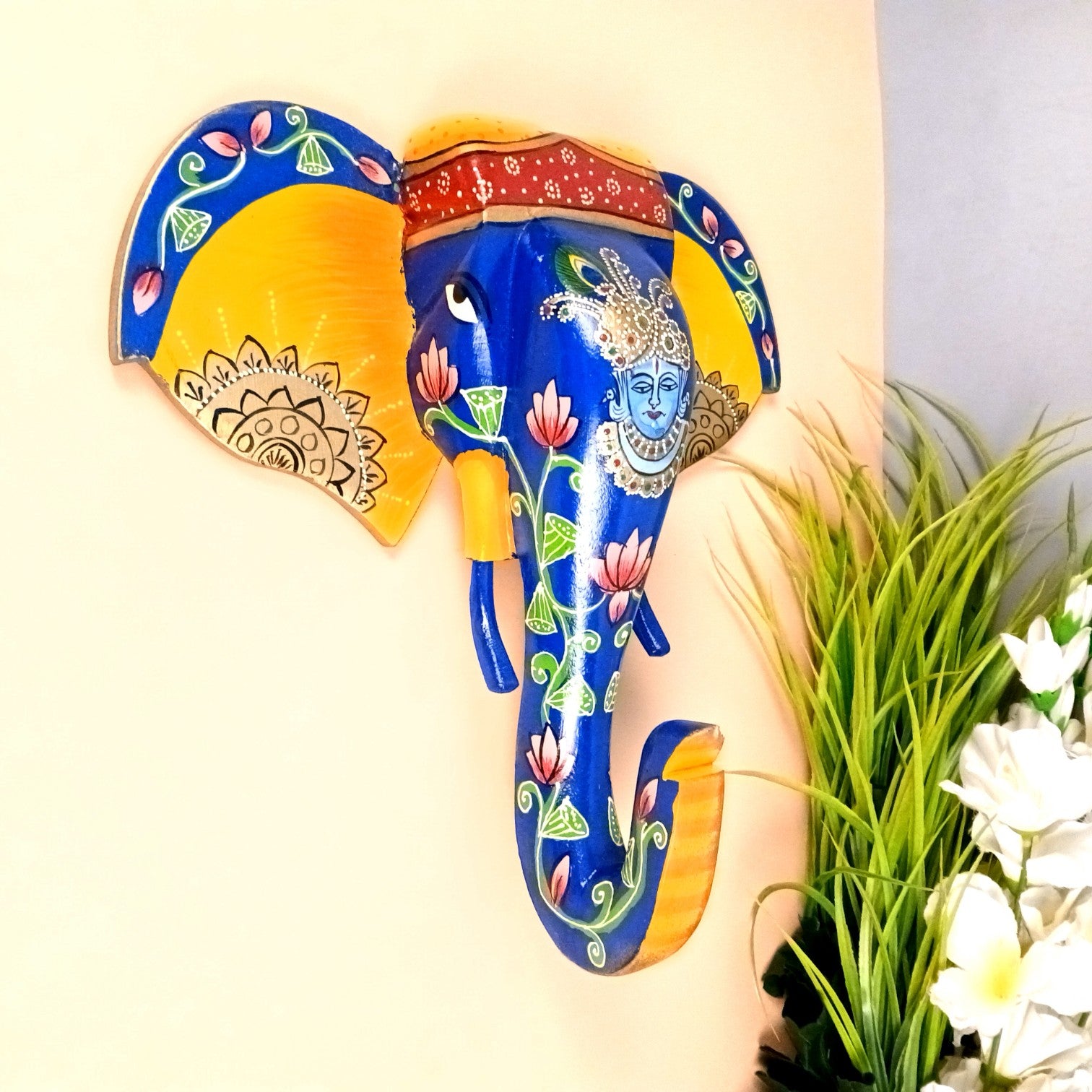 Elephant Head Wall Hanging | Wooden Handcrafted Elephant Face Wall Decor | Ethnic Rajasthani Showpiece for Home & Gifting - 14 Inch