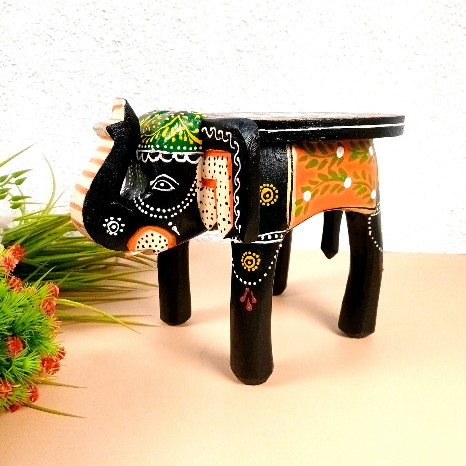 Wooden Stool Side Table - Elephant Design | Elephant Table - for Placing Small Pots & Tea Lights - for Home, Living Room Decor, office & Gifts - 8 Inch - Apkamart