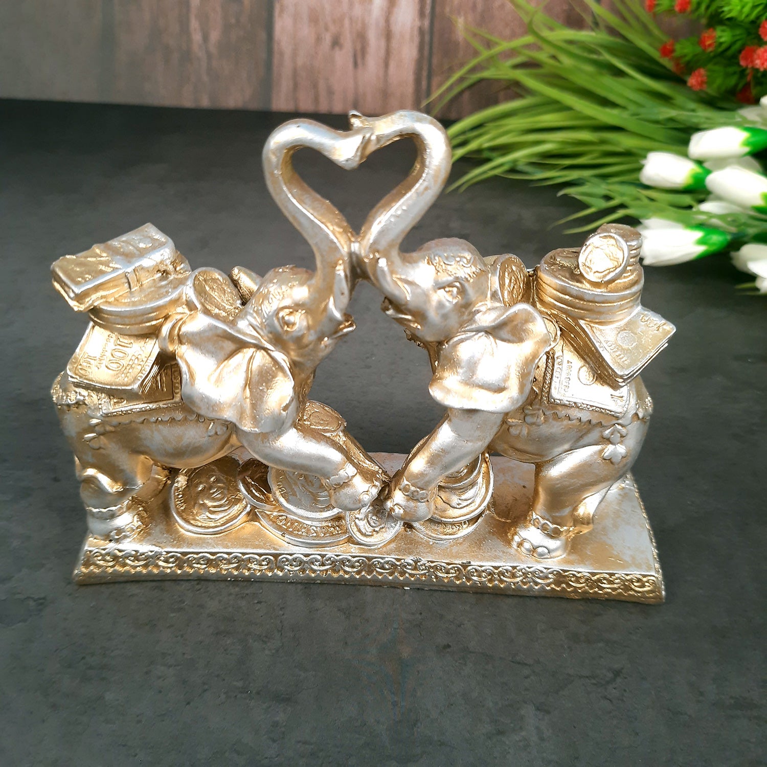 Elephant Statue Showpiece | Fengshui Trunk Up Elephant Figurine With Money & Gold Coins - For Vastu, Good Fortune, Wealth, Strength | For Home Decor, Living Room, Office & Gift - 7 inch - Apkamart #Colour_Silver