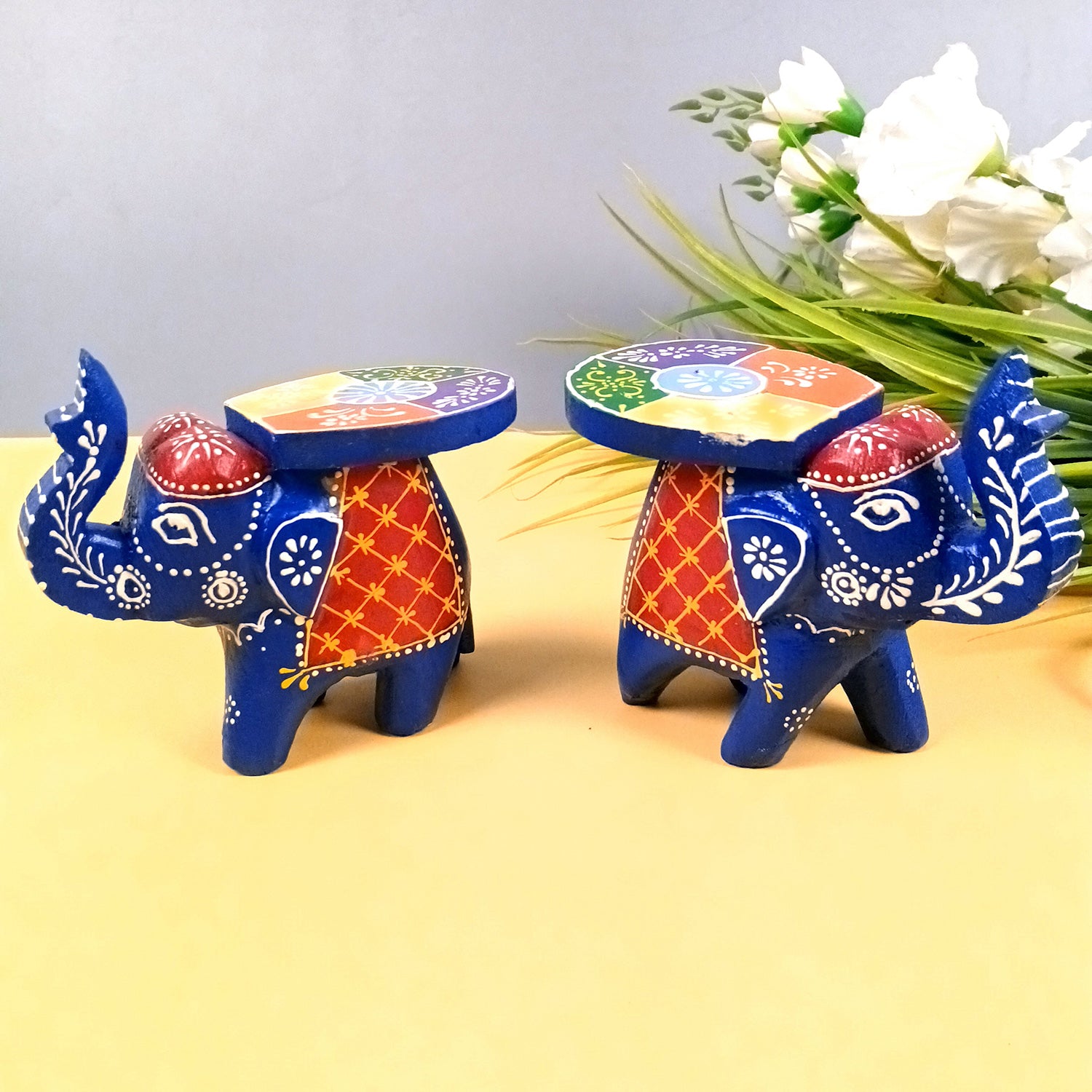 Elephant Showpiece | Elephant Table Showpiece - for Placing Small Pots & Tea Lights - for Home, Living Room Decor & Gifts - 4 Inch (Blue, Wood) - Apkamart #Style_Pack Of 2