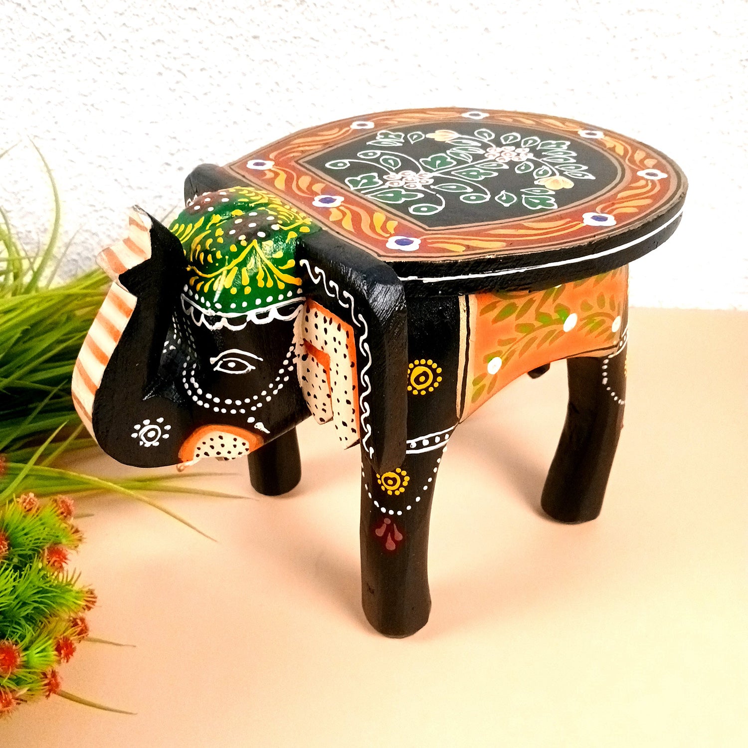 Wooden Stool Side Table - Elephant Design | Elephant Table - for Placing Small Pots & Tea Lights - for Home, Living Room Decor, office & Gifts - 8 Inch - Apkamart