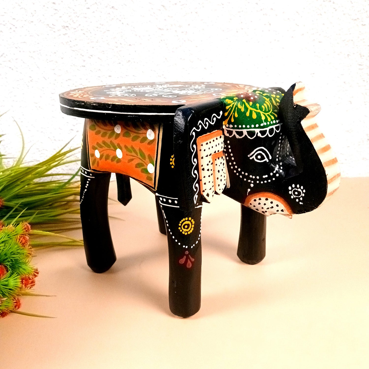 Wooden Stool Side Table - Elephant Design | Elephant Table - for Placing Small Pots & Tea Lights - for Home, Living Room Decor, office & Gifts - 8 Inch - Apkamart