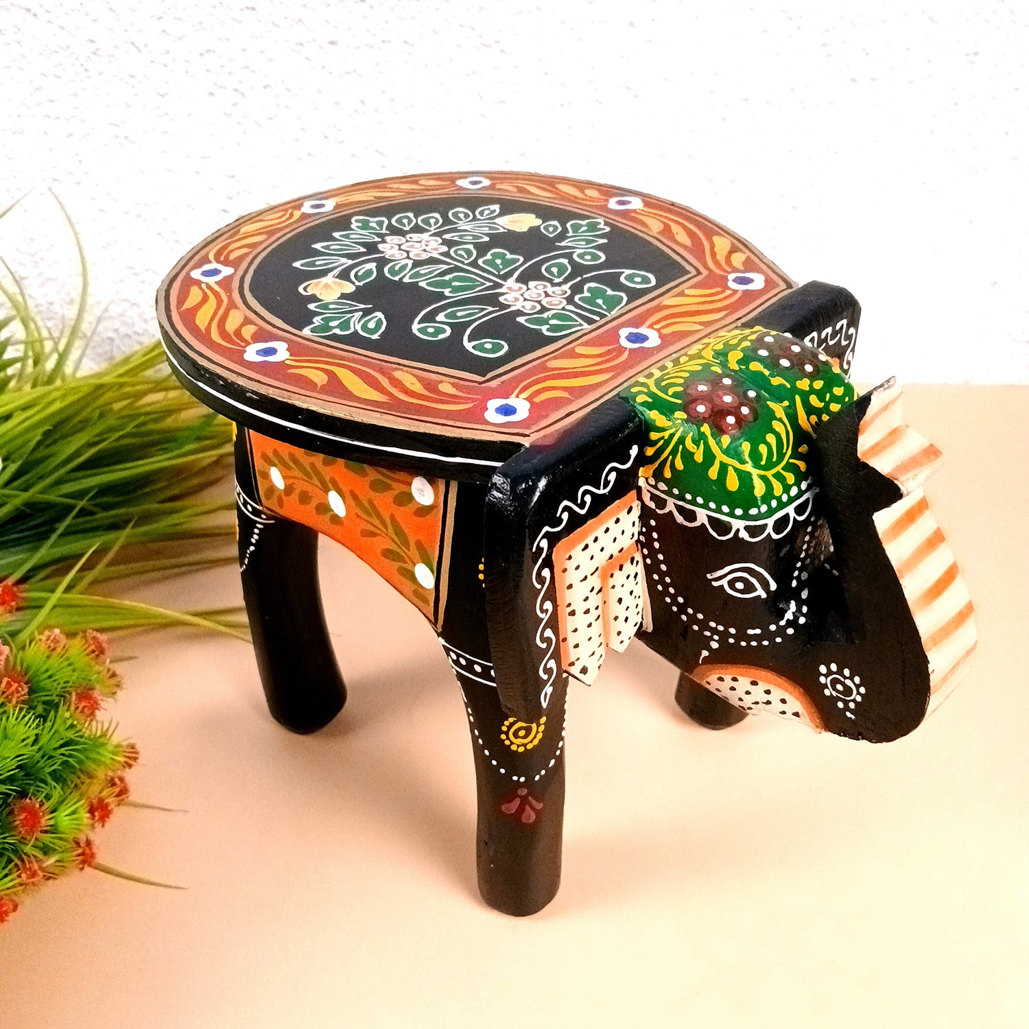 Wooden Stool Side Table - Elephant Design | Elephant Table - for Placing Small Pots & Tea Lights - for Home, Living Room Decor, office & Gifts - 8 Inch - Apkamart
