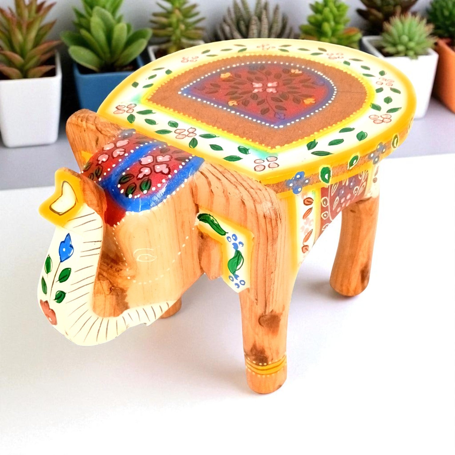 Handcrafted Wooden Elephant Stool | Decorative Elephant Shaped Table | Traditional Wooden Decor Stool for Living Room, Bedroom & Gift - 6 Inch - Apkamart