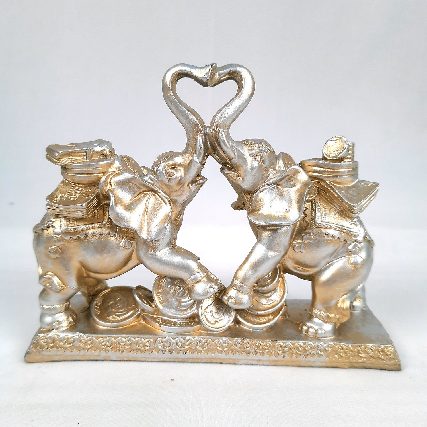 Elephant Statue Showpiece | Fengshui Trunk Up Elephant Figurine With Money & Gold Coins - For Vastu, Good Fortune, Wealth, Strength | For Home Decor, Living Room, Office & Gift - 7 inch - Apkamart #Colour_Silver
