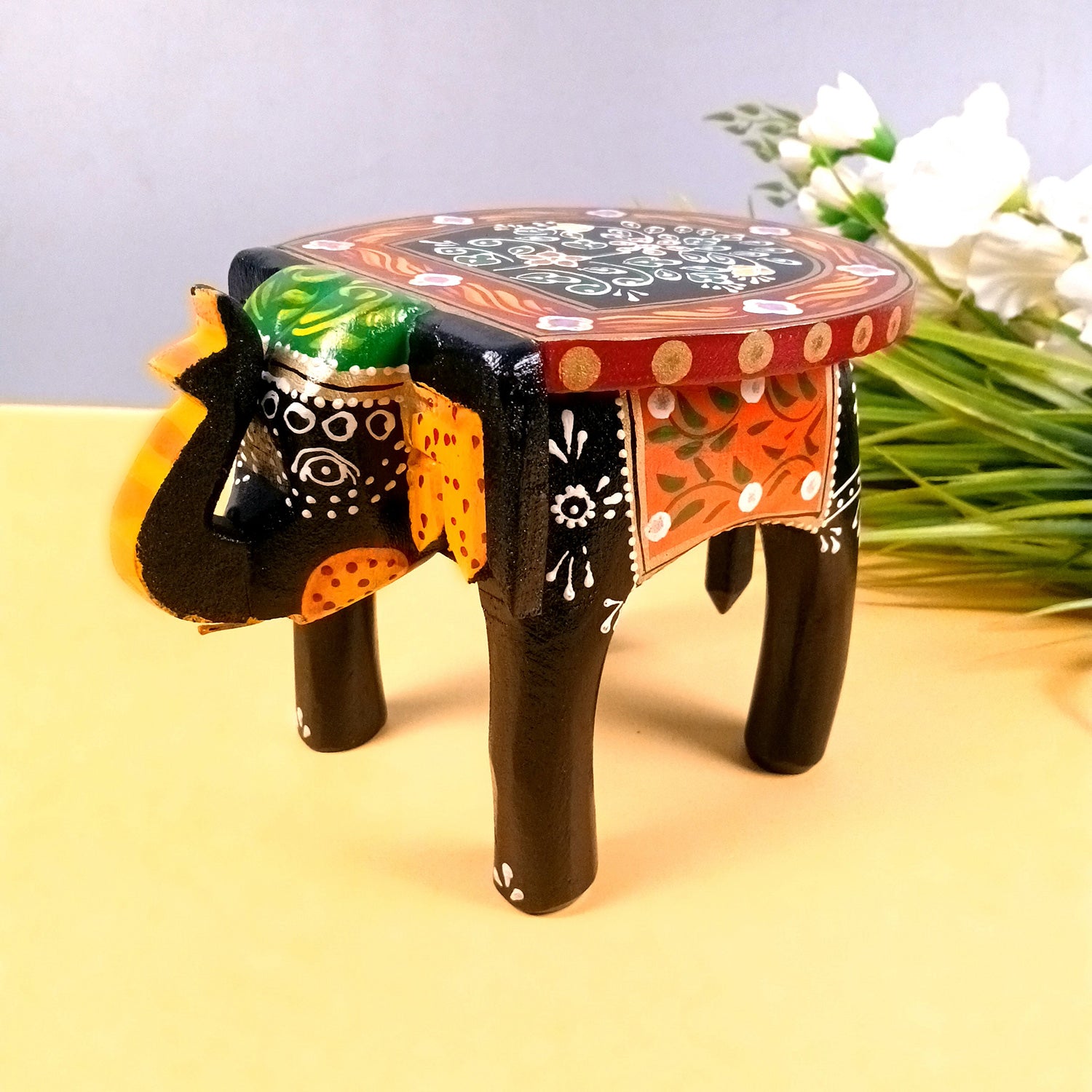 Elephant Showpiece - Stool Design | Elephant Table Showpiece - For Placing Small Pots & Tea Lights - For Home, Living Room Decor & Gifts - 6 Inch (Wood, Black) - Apkamart