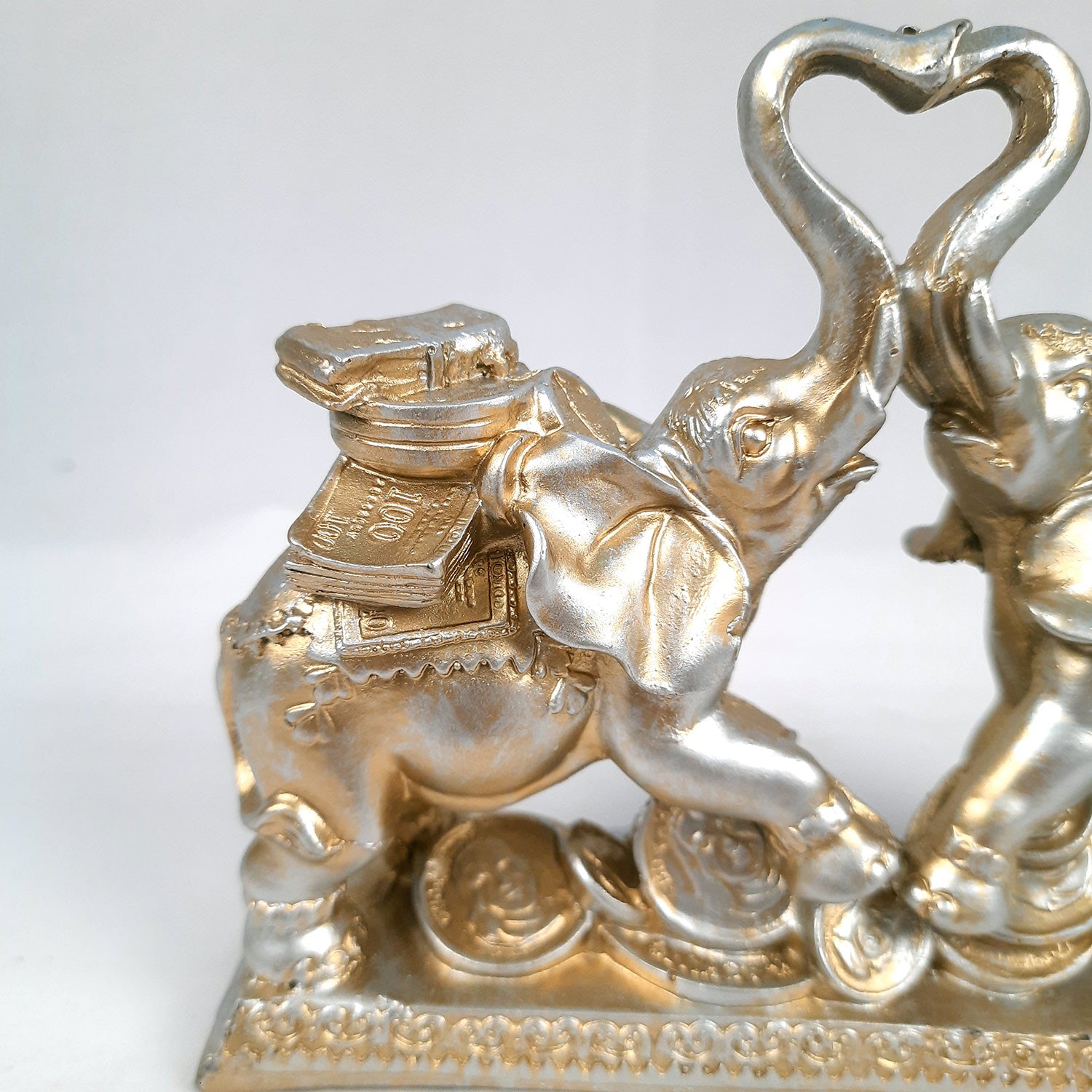 Elephant Statue Showpiece | Fengshui Trunk Up Elephant Figurine With Money & Gold Coins - For Vastu, Good Fortune, Wealth, Strength | For Home Decor, Living Room, Office & Gift - 7 inch - Apkamart #Colour_Silver