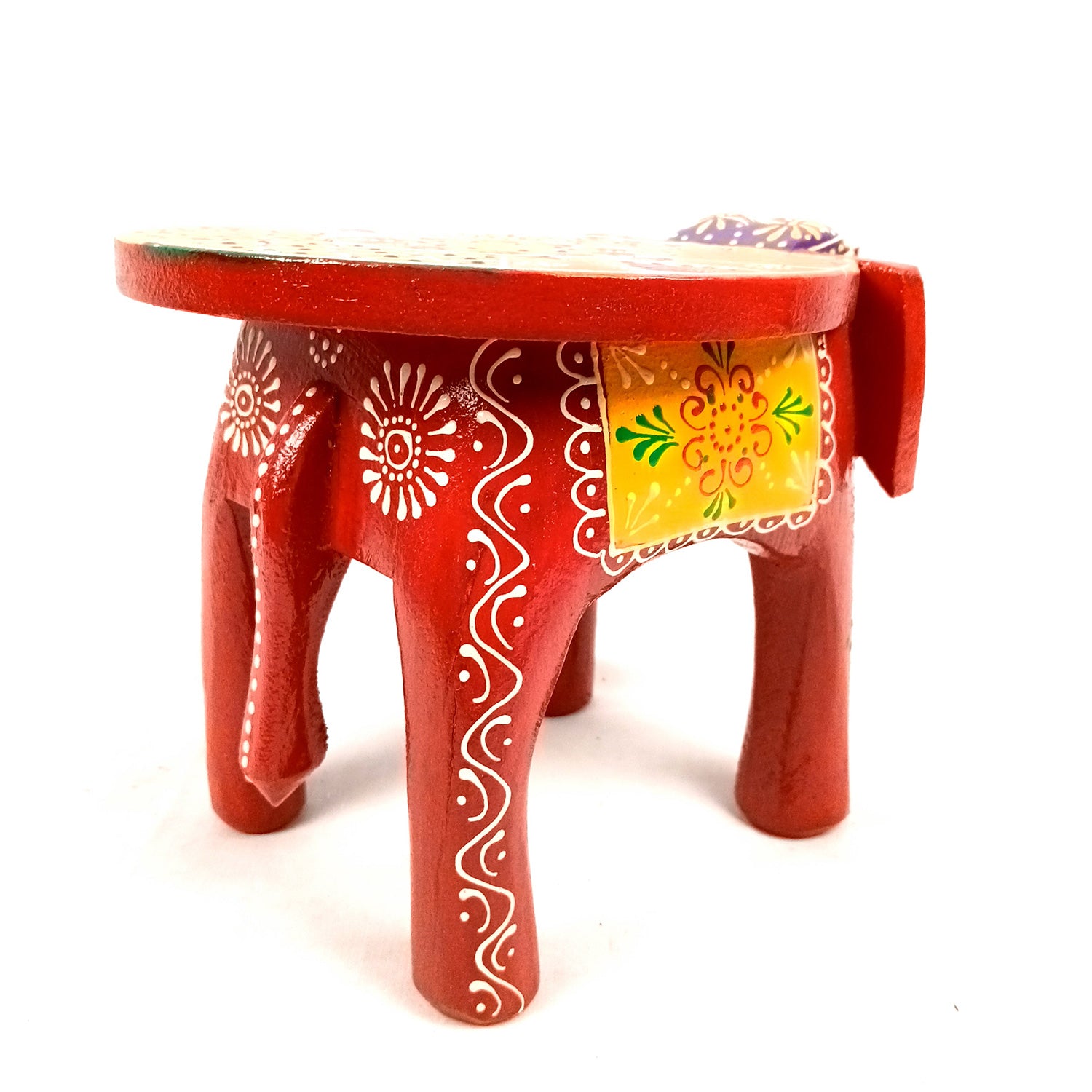 Elephant Showpiece - Stool Design | Elephant Table Showpiece - for Placing Small Pots & Tea Lights - for Home, Living Room Decor & Gifts - 9 Inch (Red, Wood) - Apkamart #Style_Pack Of 1