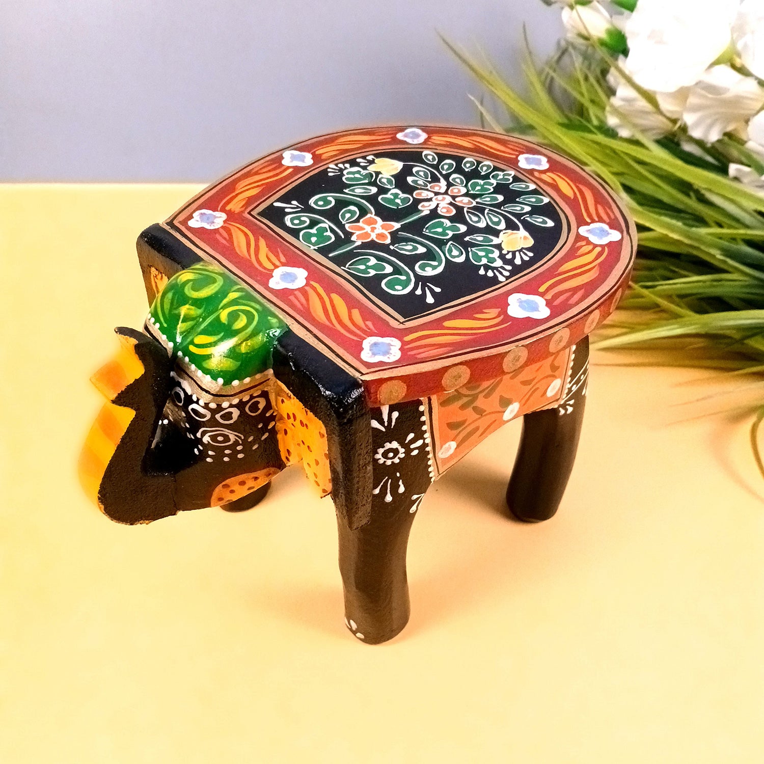 Elephant Showpiece - Stool Design | Elephant Table Showpiece - For Placing Small Pots & Tea Lights - For Home, Living Room Decor & Gifts - 6 Inch (Wood, Black) - Apkamart