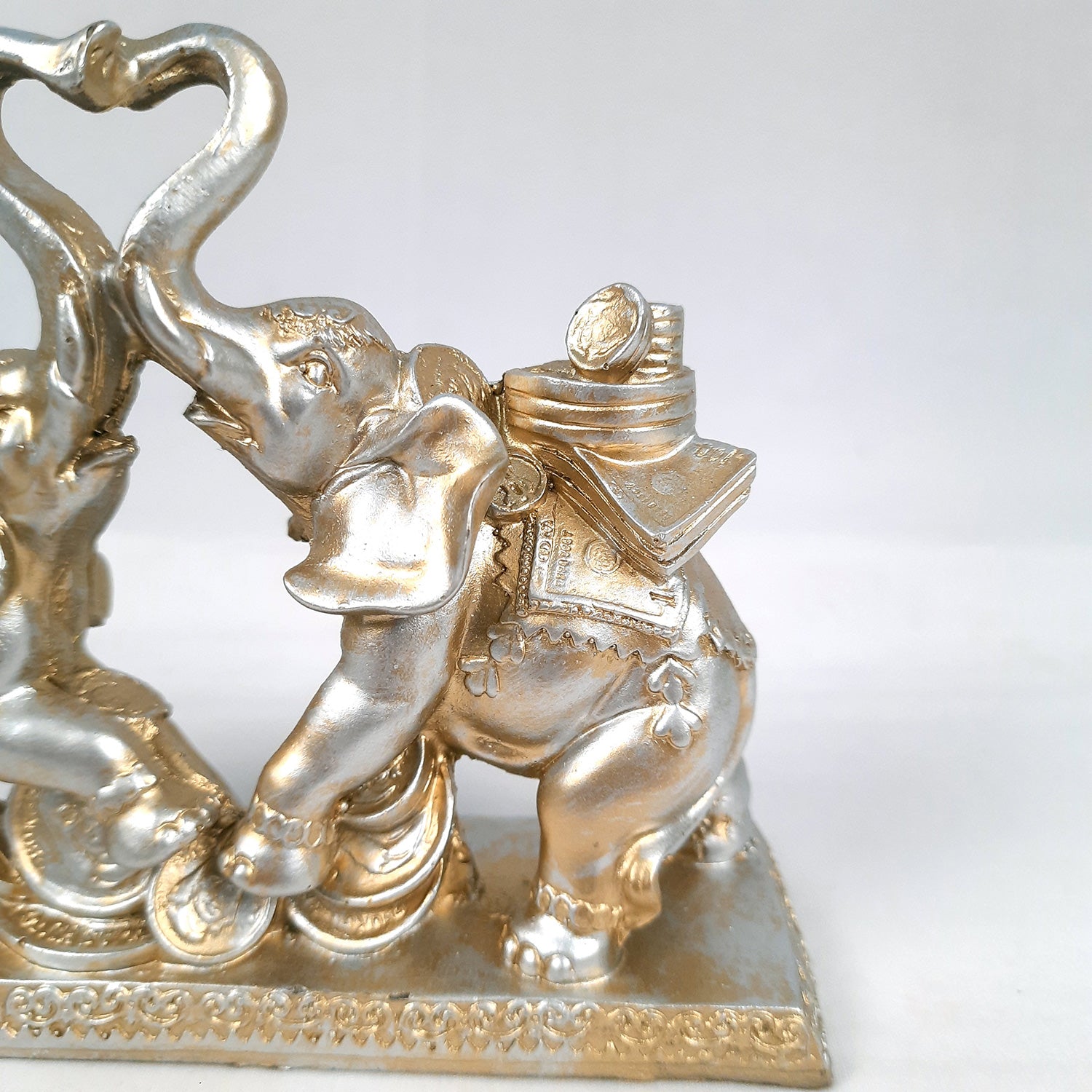 Elephant Statue Showpiece | Fengshui Trunk Up Elephant Figurine With Money & Gold Coins - For Vastu, Good Fortune, Wealth, Strength | For Home Decor, Living Room, Office & Gift - 7 inch - Apkamart #Colour_Silver