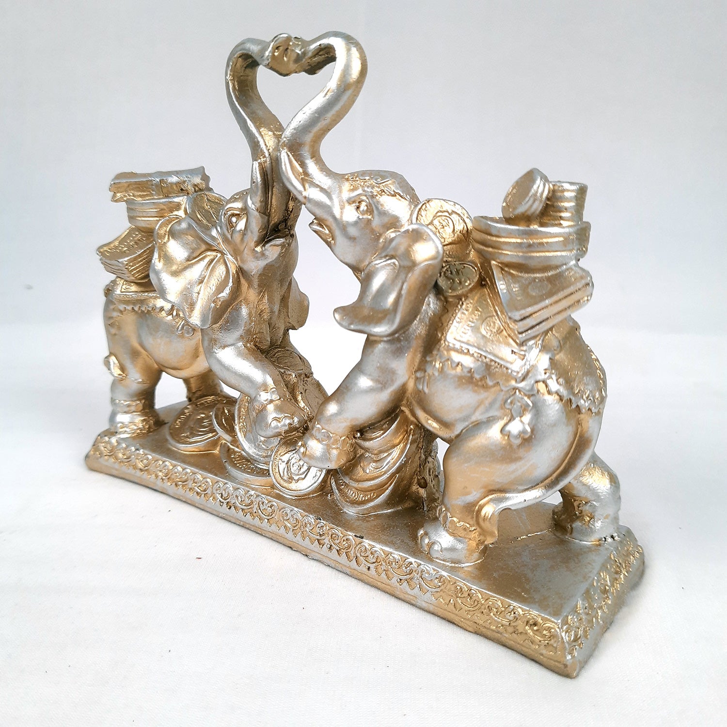 Elephant Statue Showpiece | Fengshui Trunk Up Elephant Figurine With Money & Gold Coins - For Vastu, Good Fortune, Wealth, Strength | For Home Decor, Living Room, Office & Gift - 7 inch - Apkamart #Colour_Silver