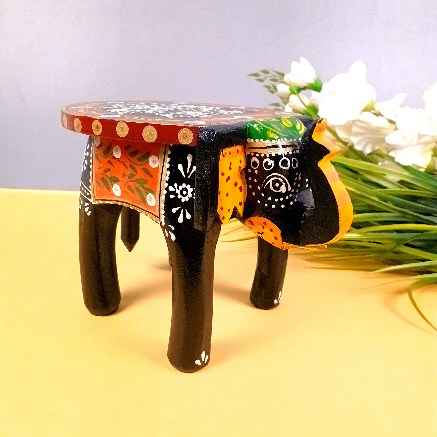Elephant Showpiece - Stool Design | Elephant Table Showpiece - For Placing Small Pots & Tea Lights - For Home, Living Room Decor & Gifts - 6 Inch (Wood, Black) - Apkamart