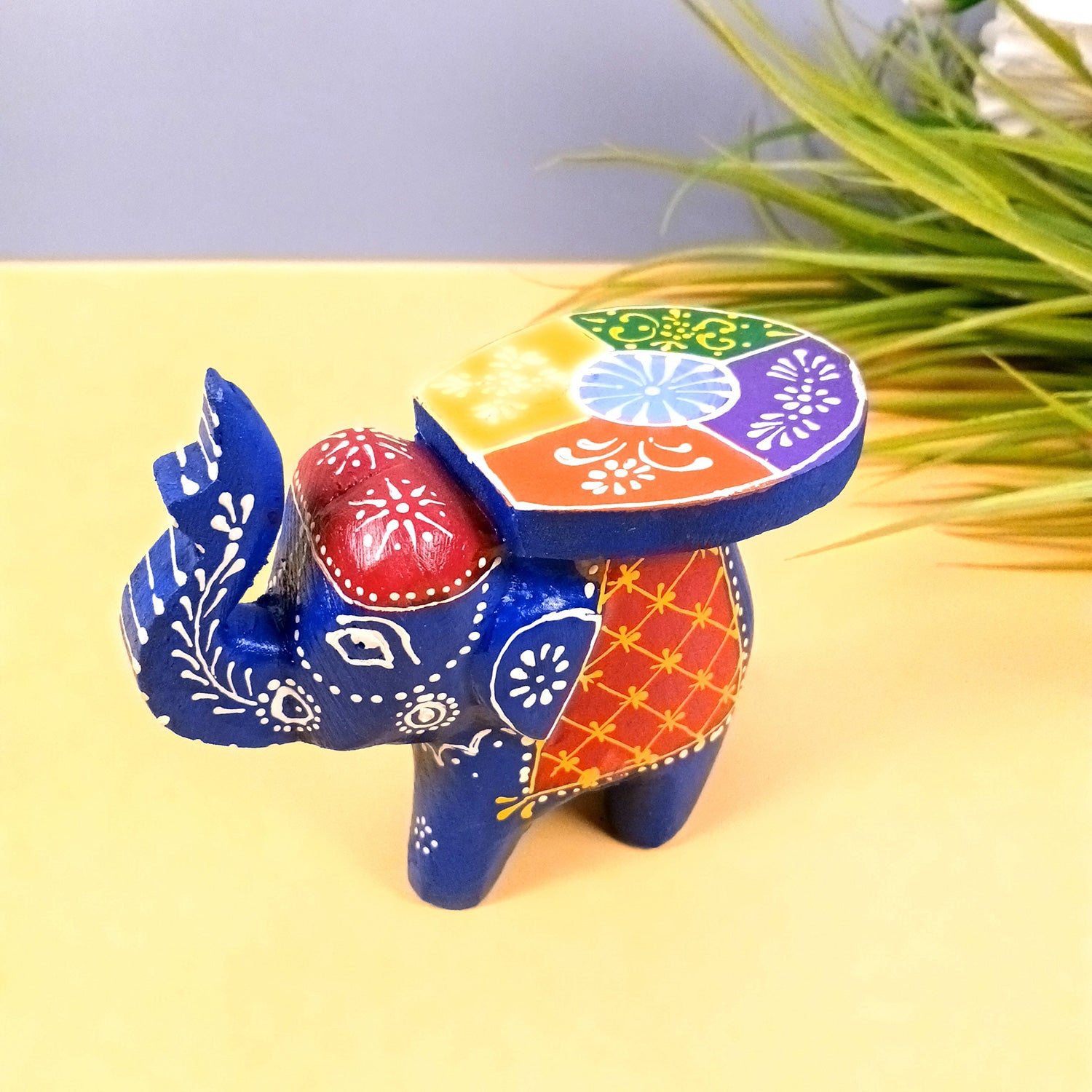 Elephant Showpiece | Elephant Table Showpiece - for Placing Small Pots & Tea Lights - for Home, Living Room Decor & Gifts - 4 Inch (Blue, Wood) - Apkamart #Style_Pack Of 1