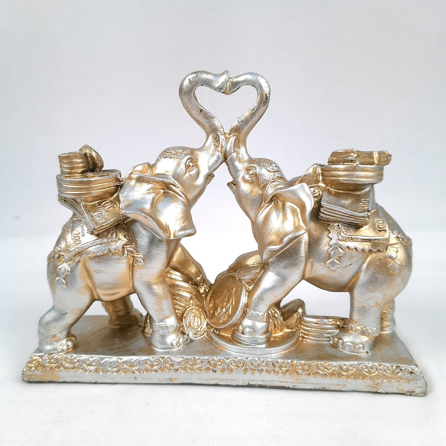 Elephant Statue Showpiece | Fengshui Trunk Up Elephant Figurine With Money & Gold Coins - For Vastu, Good Fortune, Wealth, Strength | For Home Decor, Living Room, Office & Gift - 7 inch - Apkamart #Colour_Silver