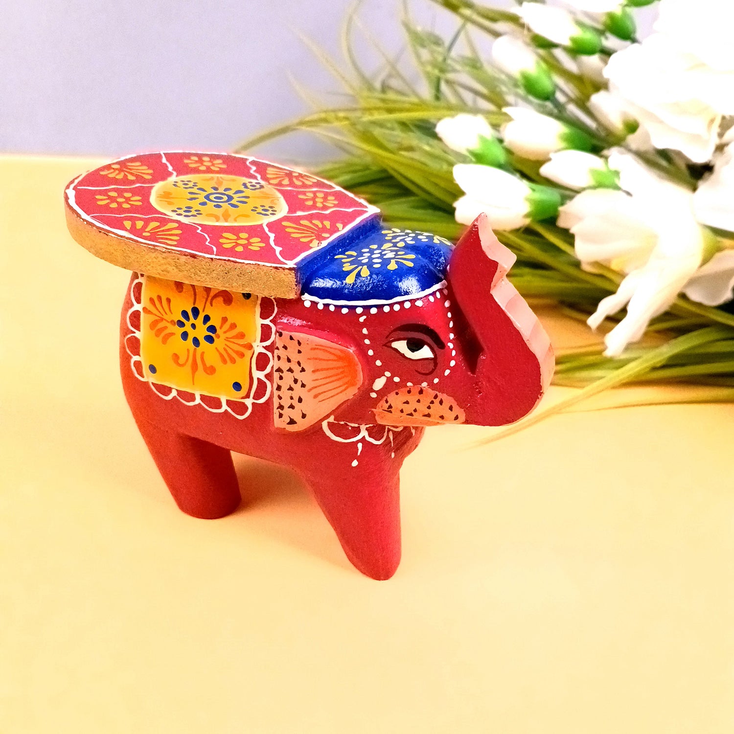 Elephant Showpiece | Elephant Table Showpiece - for Placing Small Pots & Tea Lights - for Home, Living Room Decor & Gifts - 5 Inch (Red, Wood) - Apkamart #Style_Design 1 (Pack Of 1)